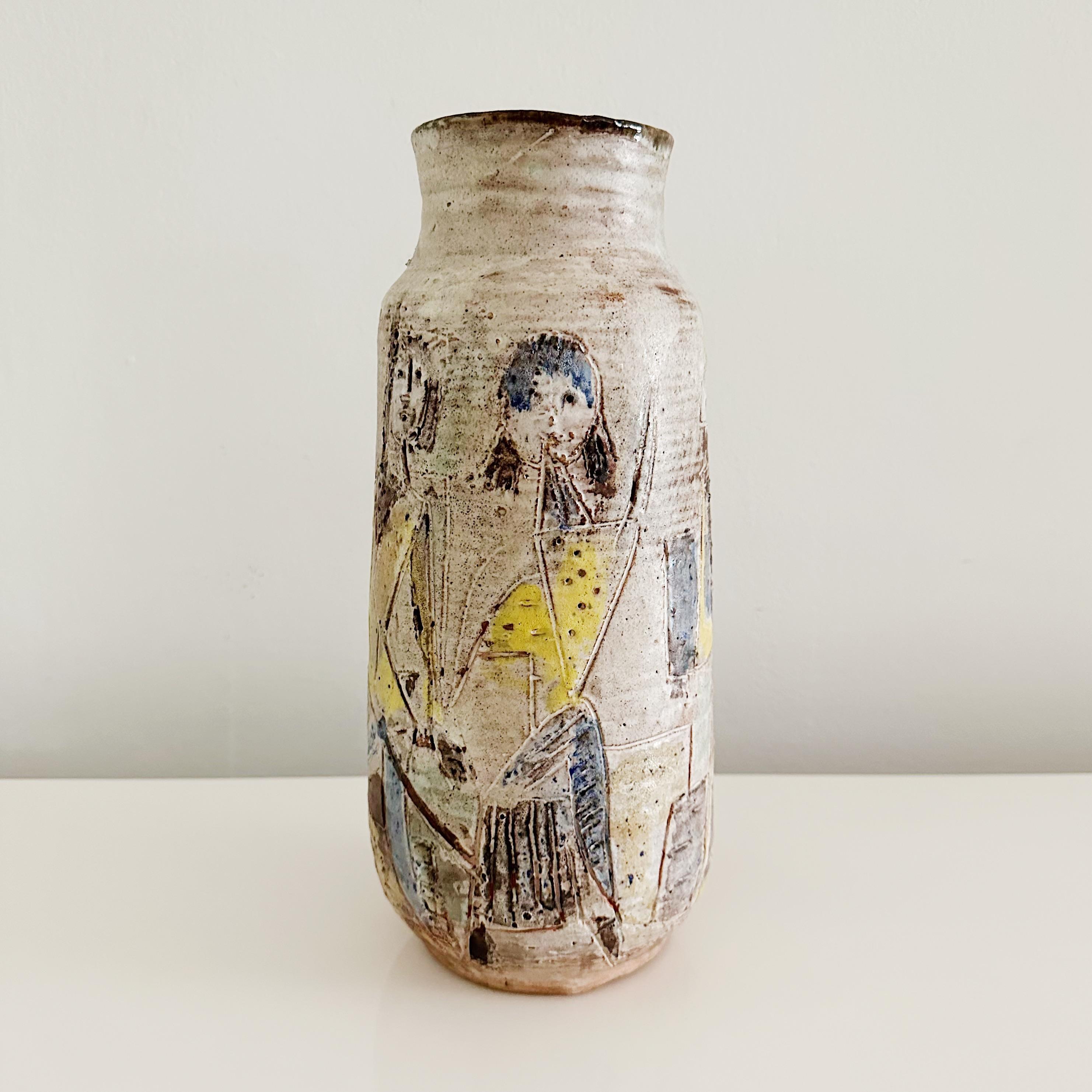 Mid-20th Century Italian Studio Pottery Figural Decorated Vase in the Manner of Fantoni