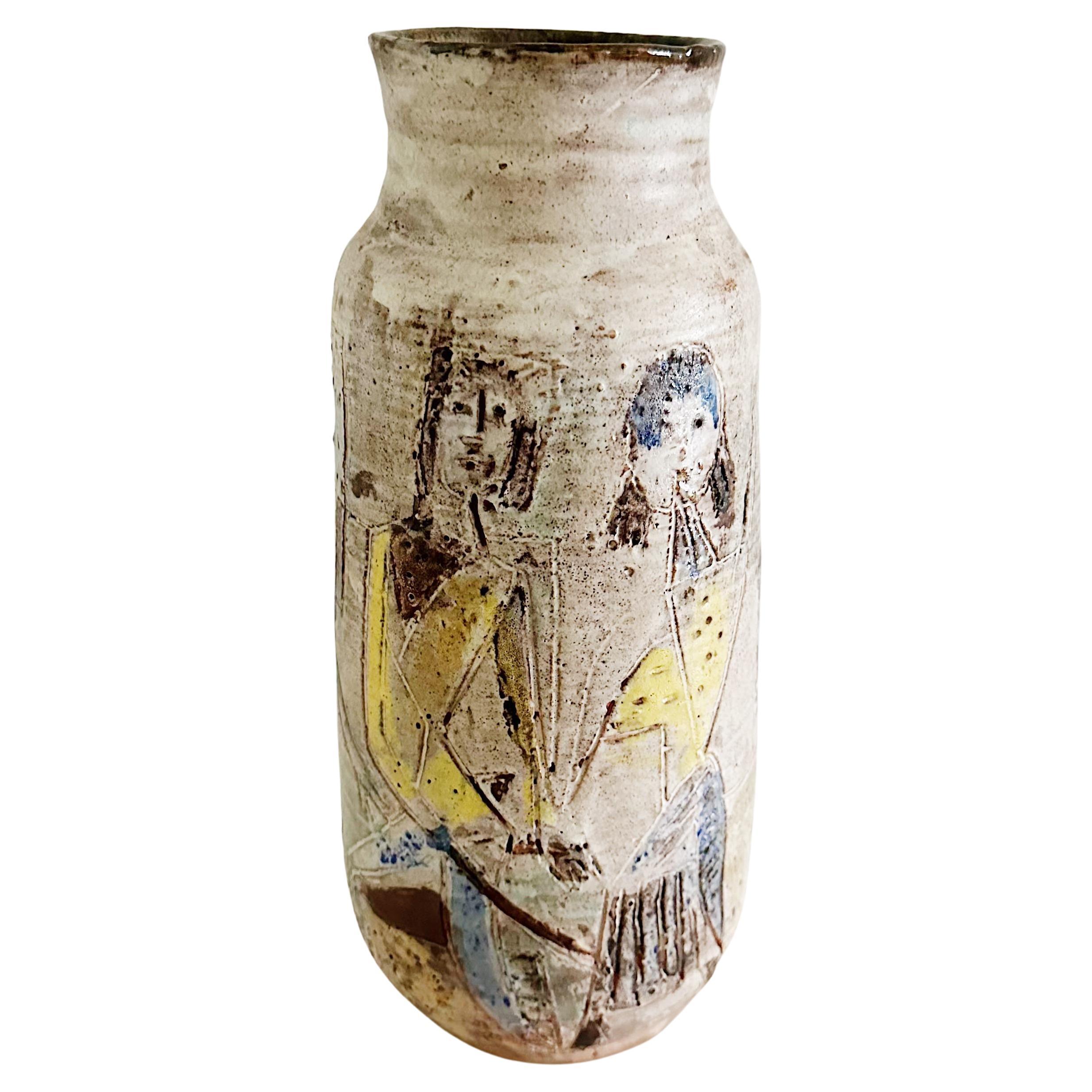 Italian Studio Pottery Figural Decorated Vase in the Manner of Fantoni