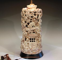 Italian Studio Pottery MCM Lamp Chinoiserie 1950's Vintage Carved Luster