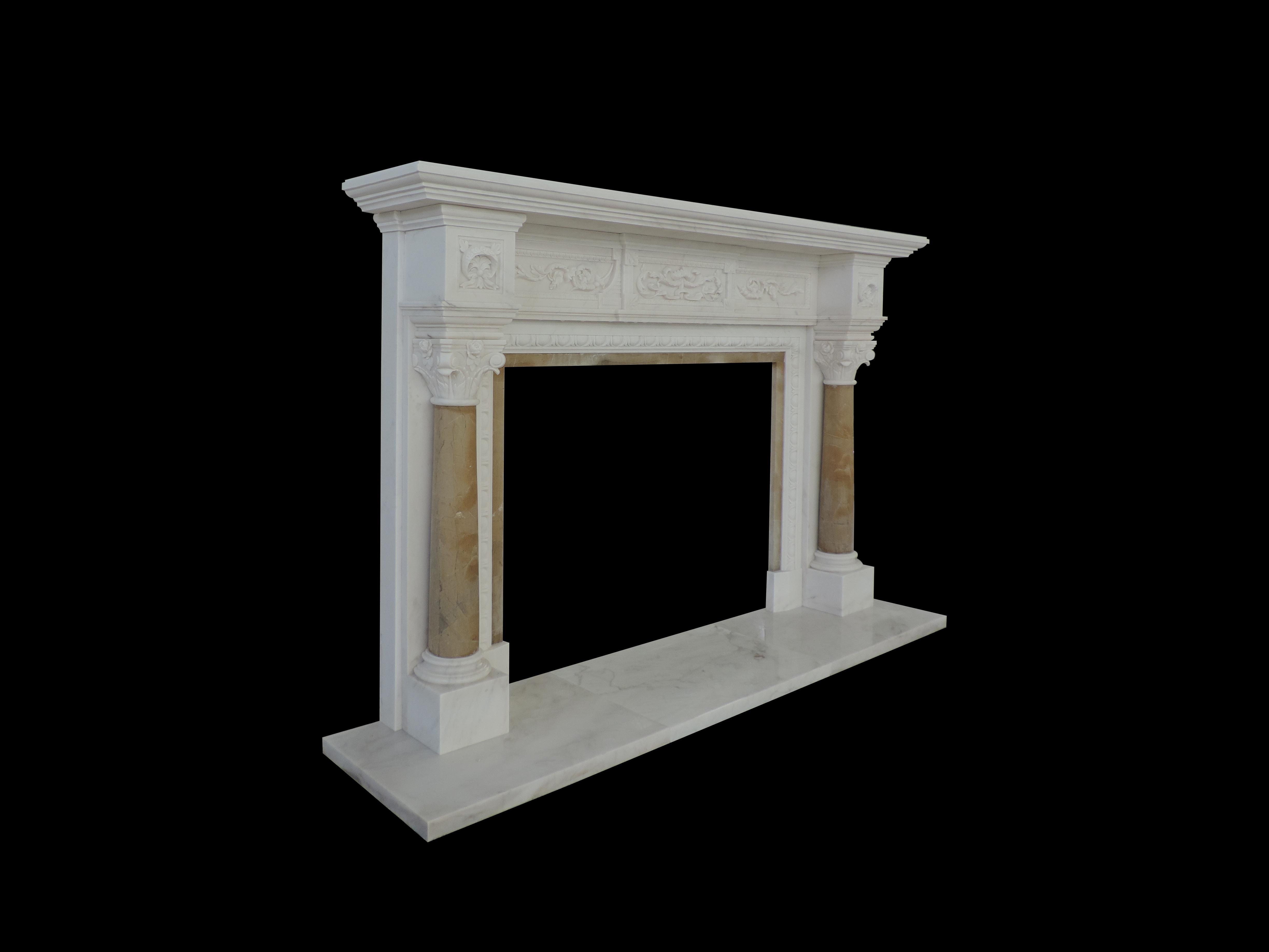 Hand carved 19th century Italian Style Marble Fire Surround with Hearth.