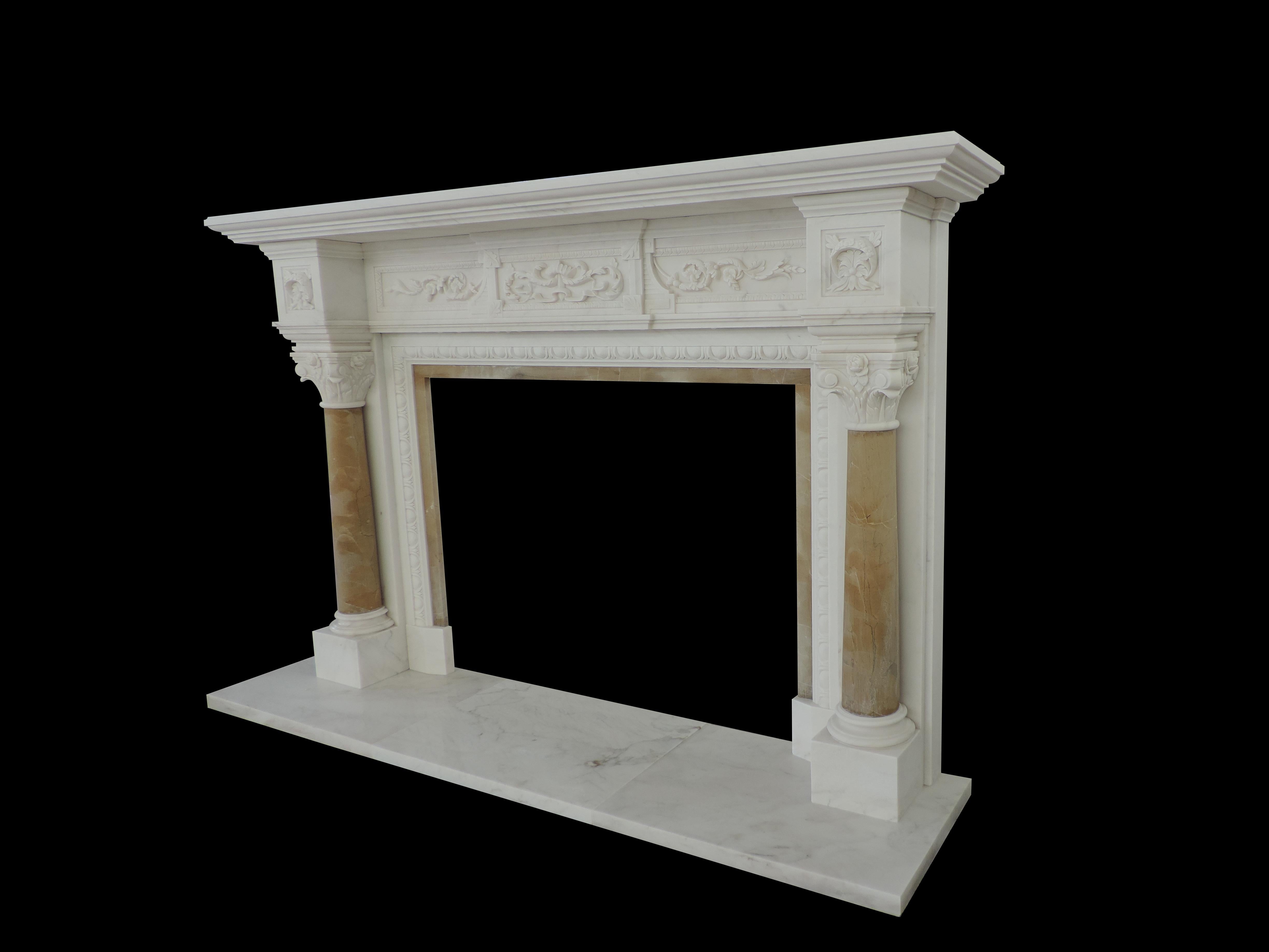Classical Roman Italian Style 19th Centry Hand Carved Two Color Marble Fire Surround For Sale