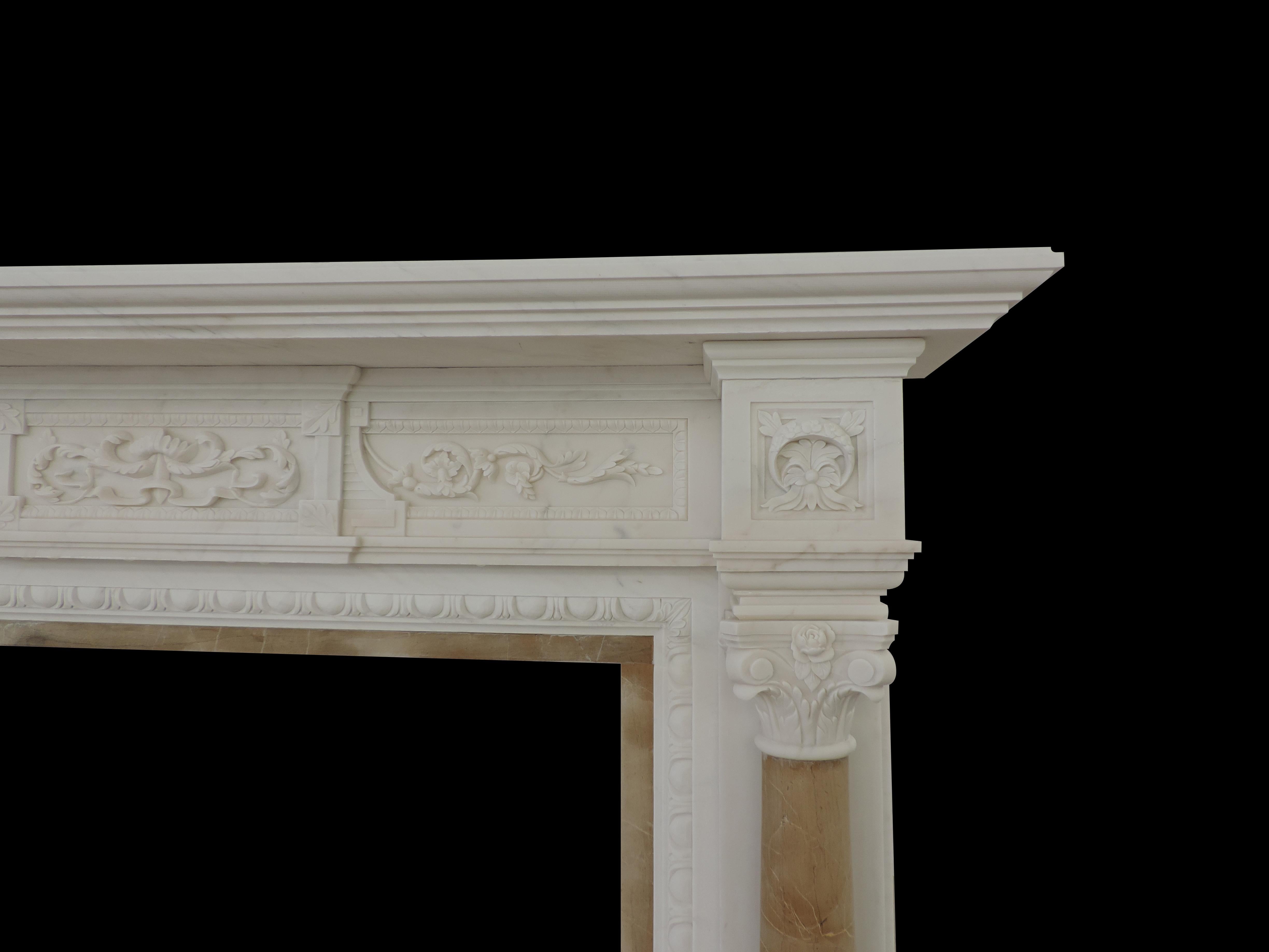 Hand-Carved Italian Style 19th Centry Hand Carved Two Color Marble Fire Surround For Sale