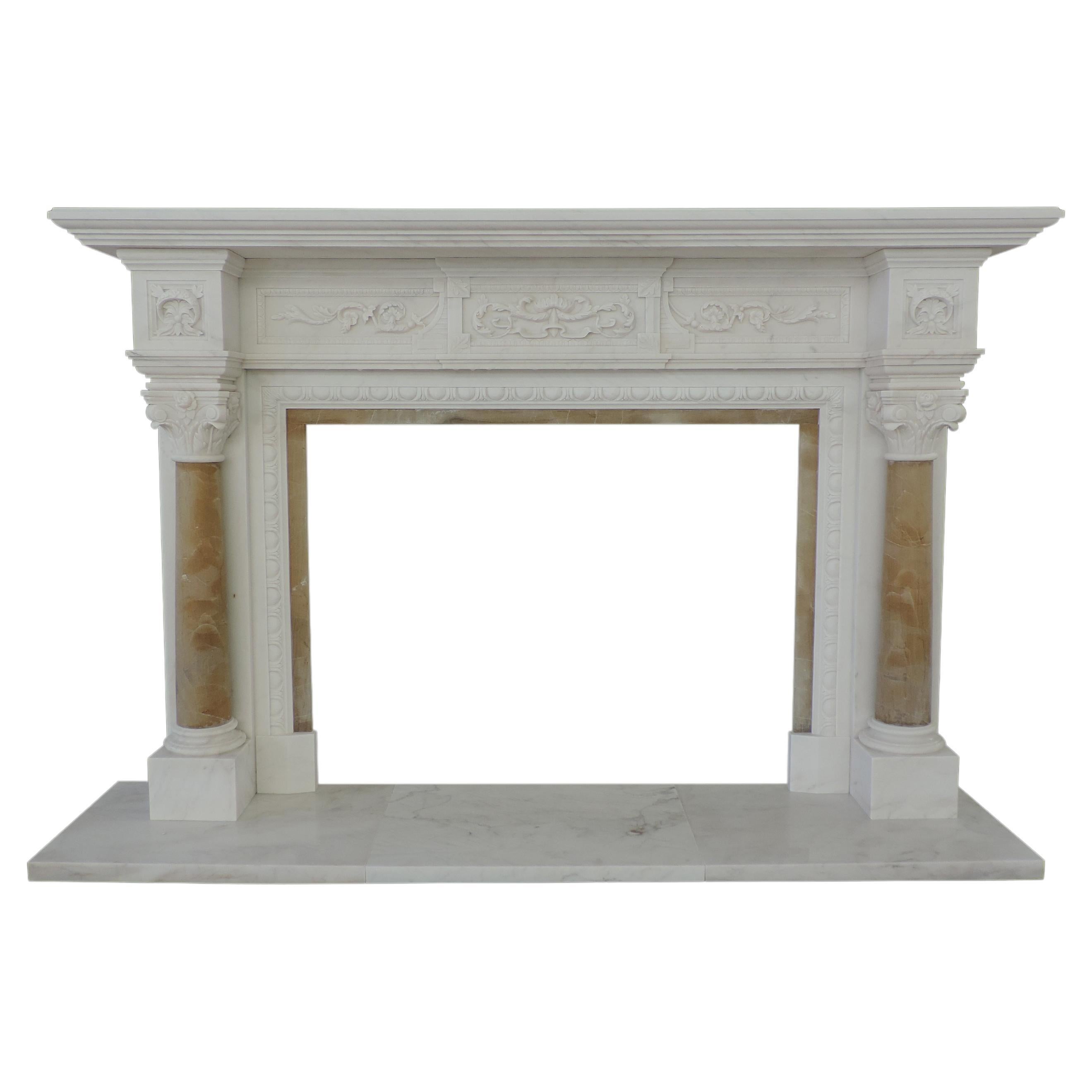 Italian Style 19th Centry Hand Carved Two Color Marble Fire Surround For Sale