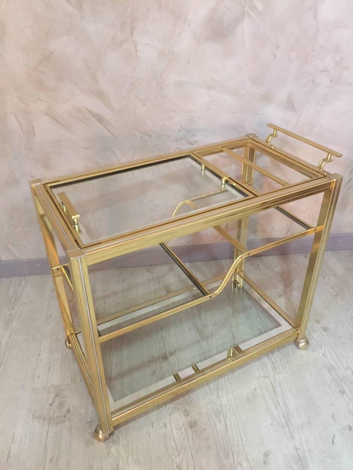 Gilt Italian Style Brass and Glass Rolling Dessert Table, 1970s