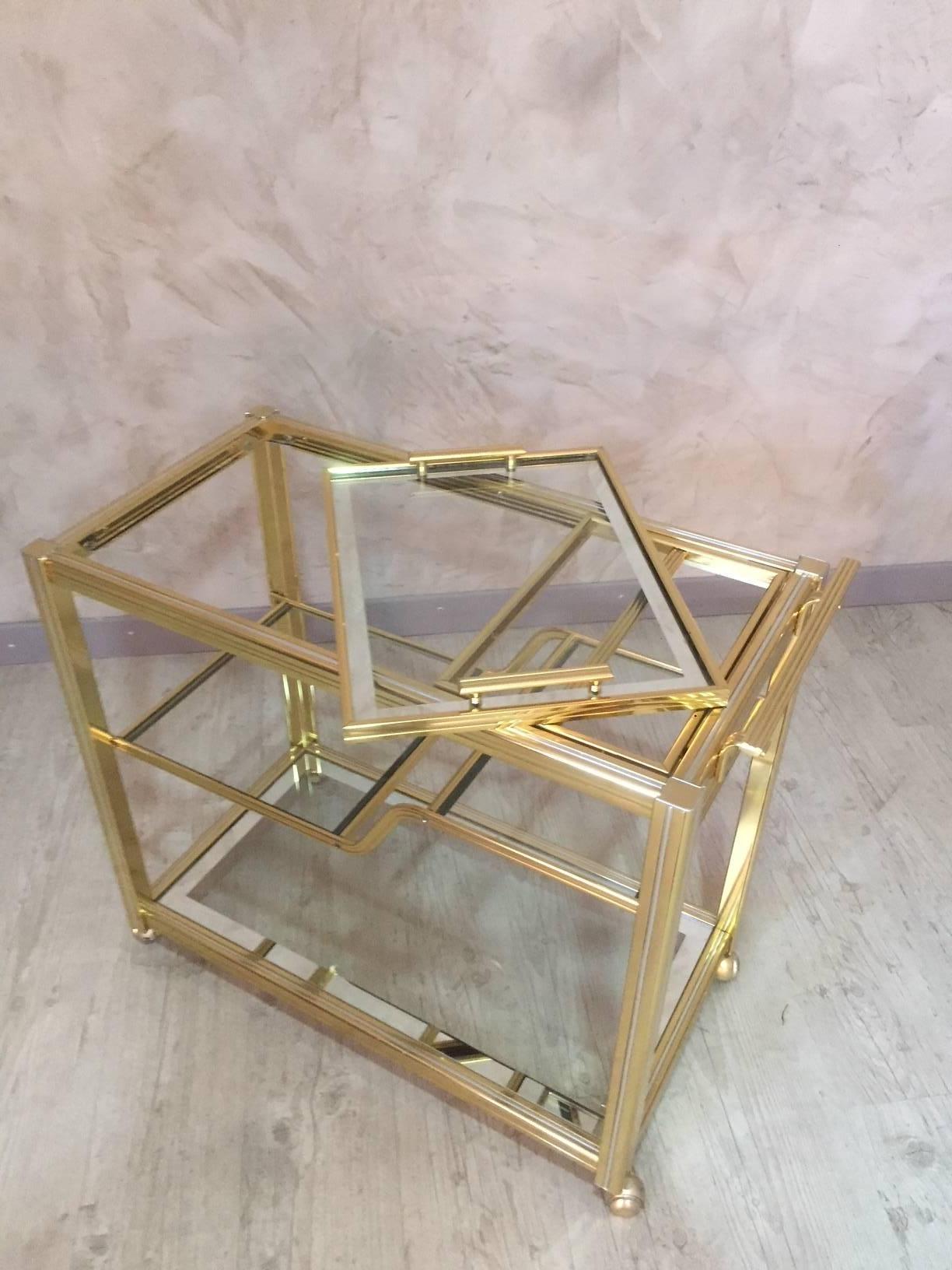 Italian Style Brass and Glass Rolling Dessert Table, 1970s 3