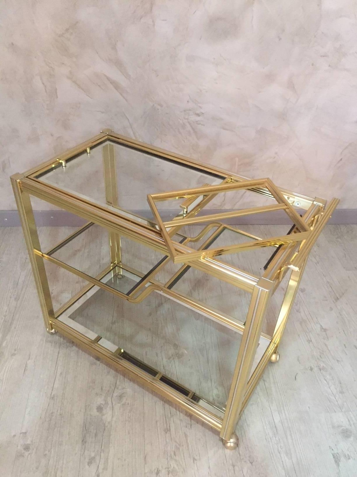 Italian Style Brass and Glass Rolling Dessert Table, 1970s 4