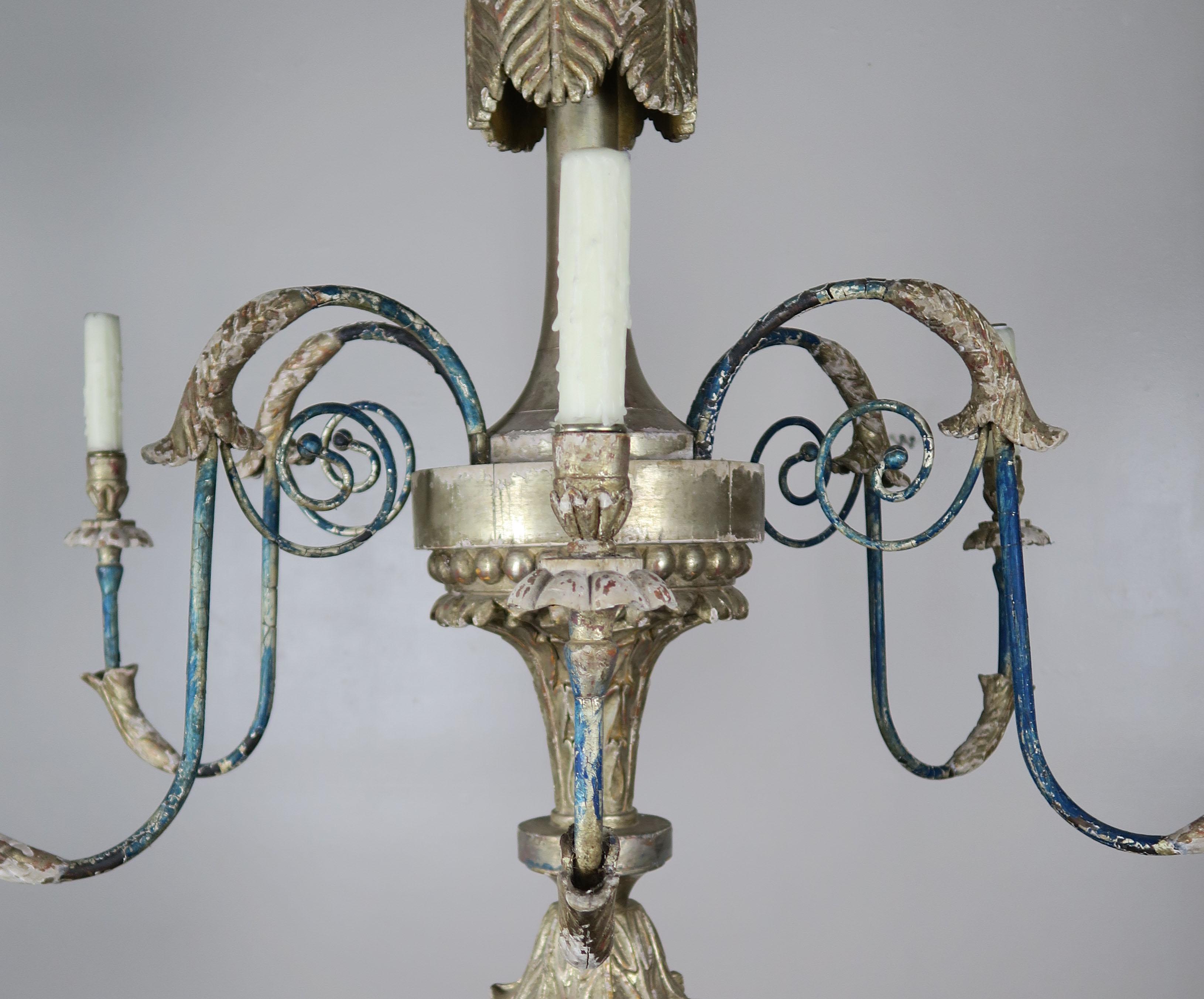 Neoclassical Italian Style Carved Silvered and Painted Chandelier