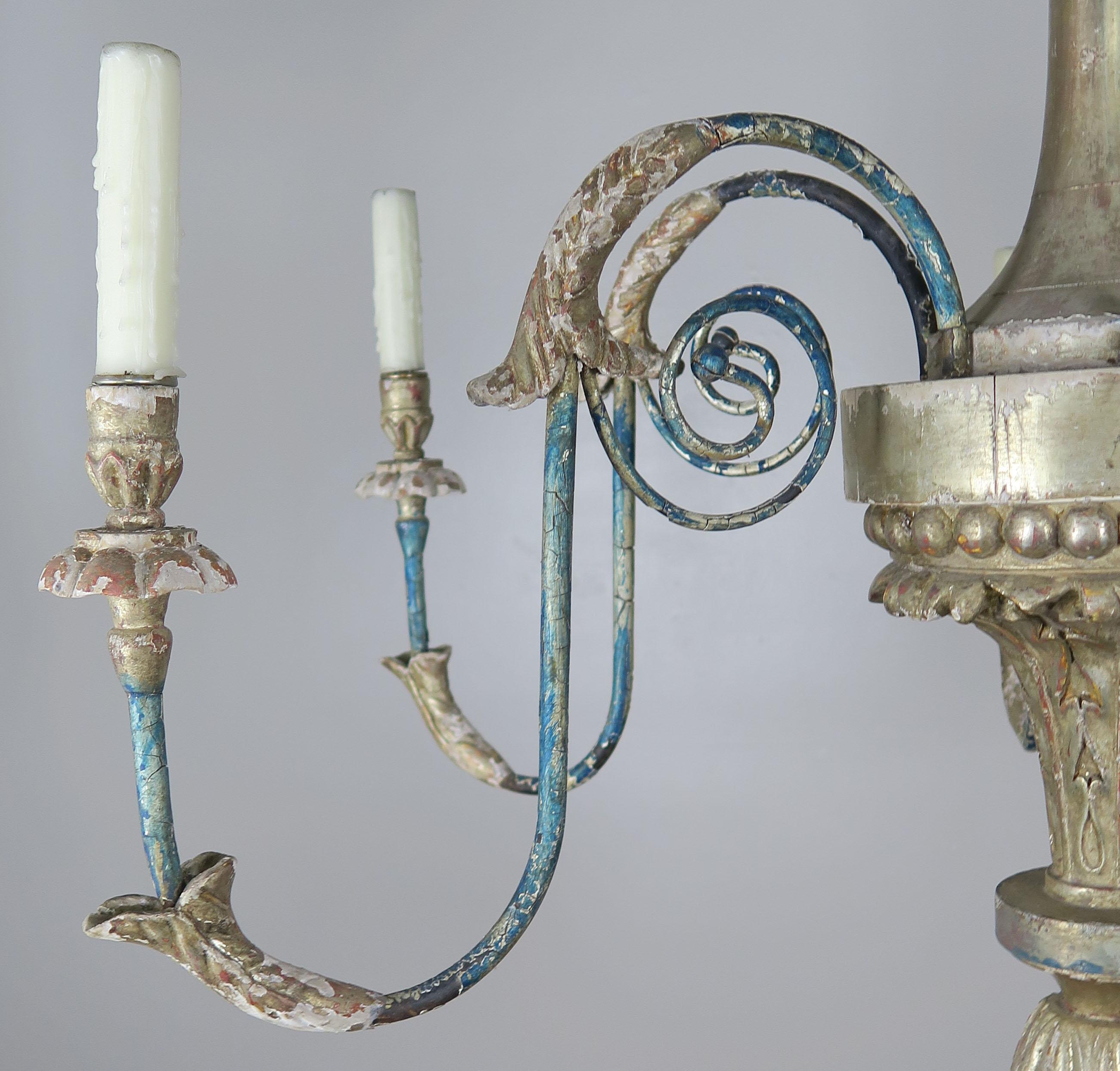 Iron Italian Style Carved Silvered and Painted Chandelier