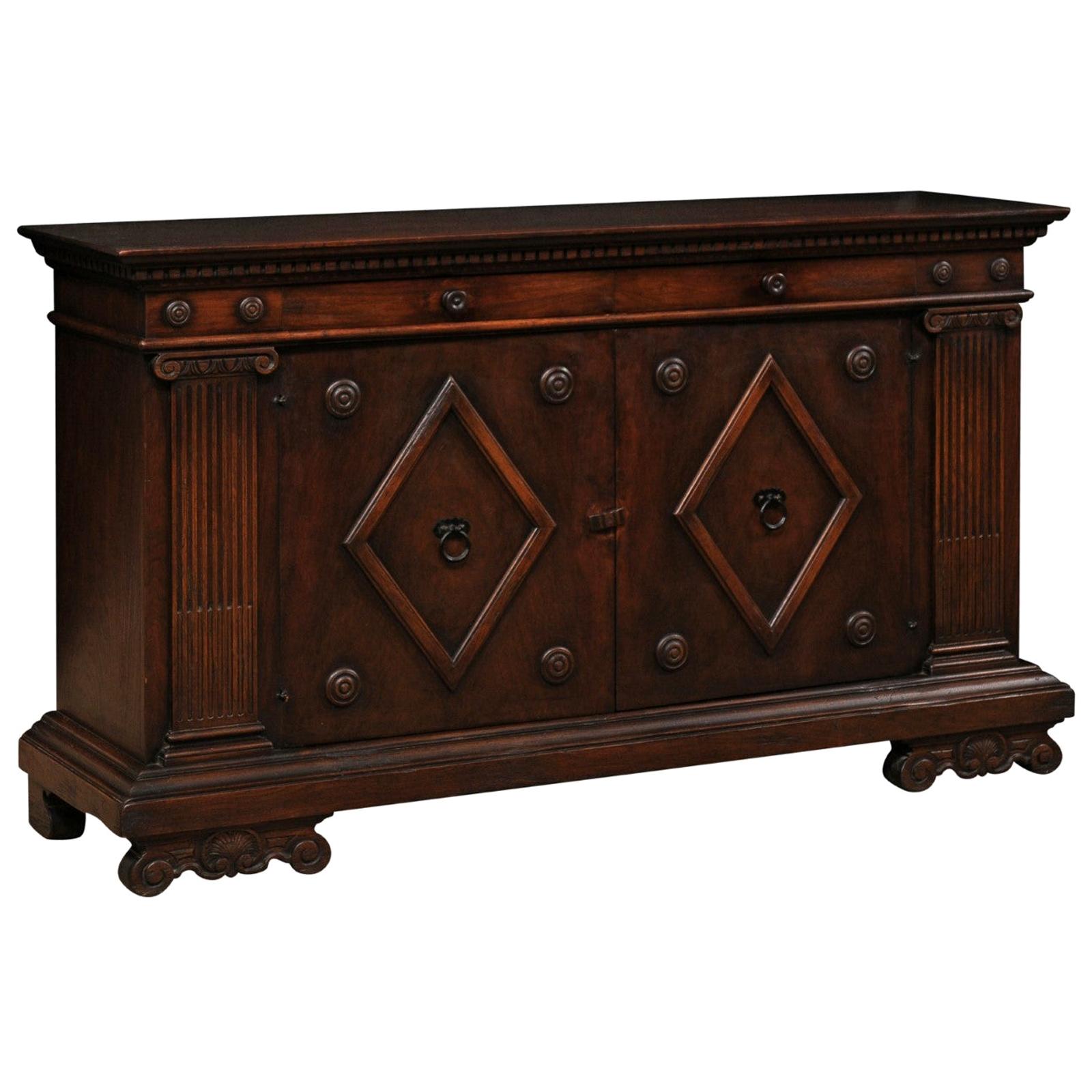 Italian Style Credenza of Rich Walnut w/ Diamond & Fluted Column Embellishments