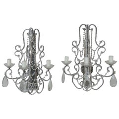 Vintage Italian Style Crystal Beaded Mirrored Sconces, a Pair