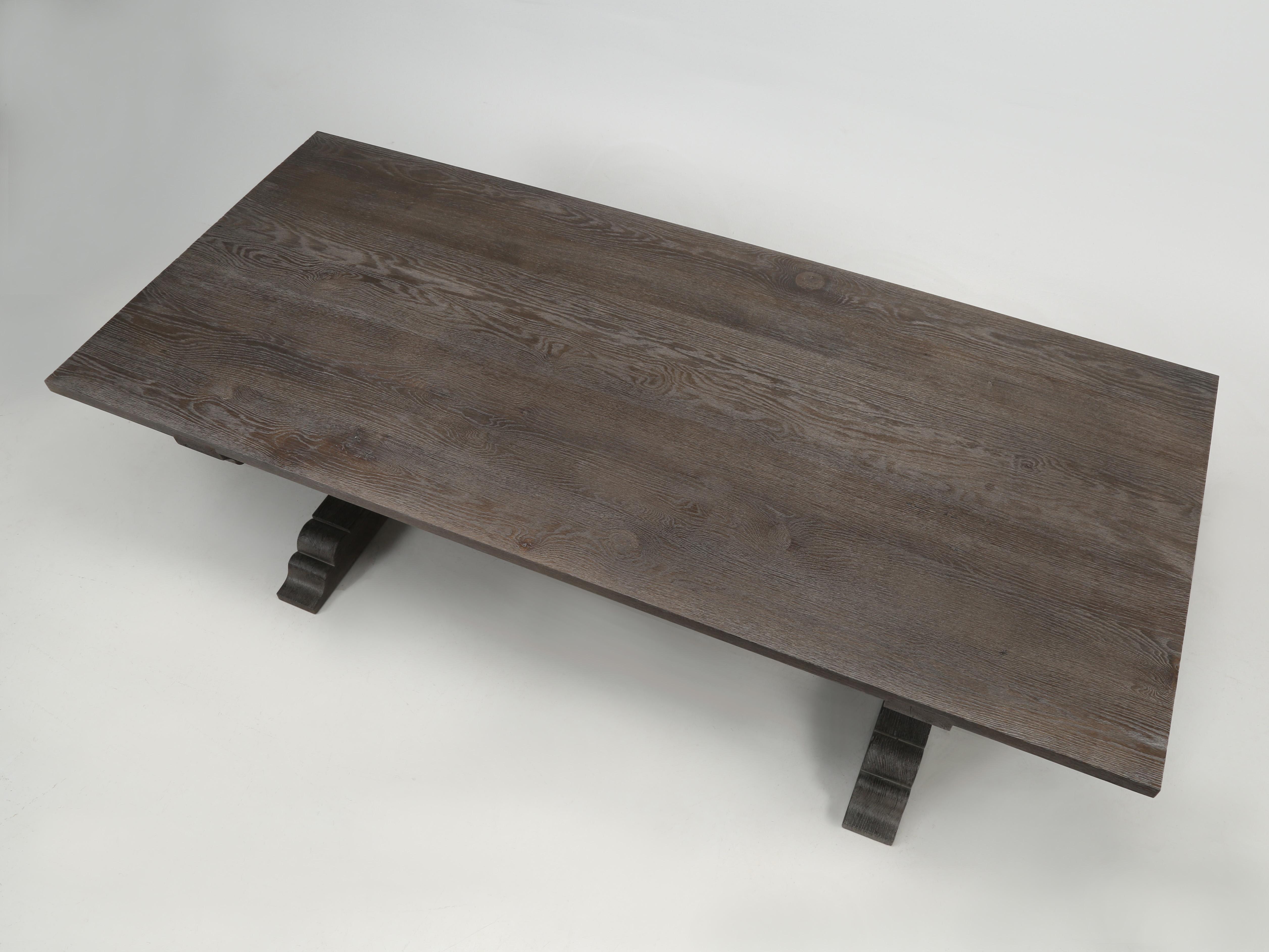 Italian style Farm dining table, or kitchen table with a modern twist, for the finish is a culmination of an old school wire brush technique, followed by hand-sanding and then both processes are repeated. The results speak for themselves, but the
