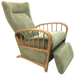 Italian Style Fully Reclining Armchair in Beech Wood with Original Green Fabric