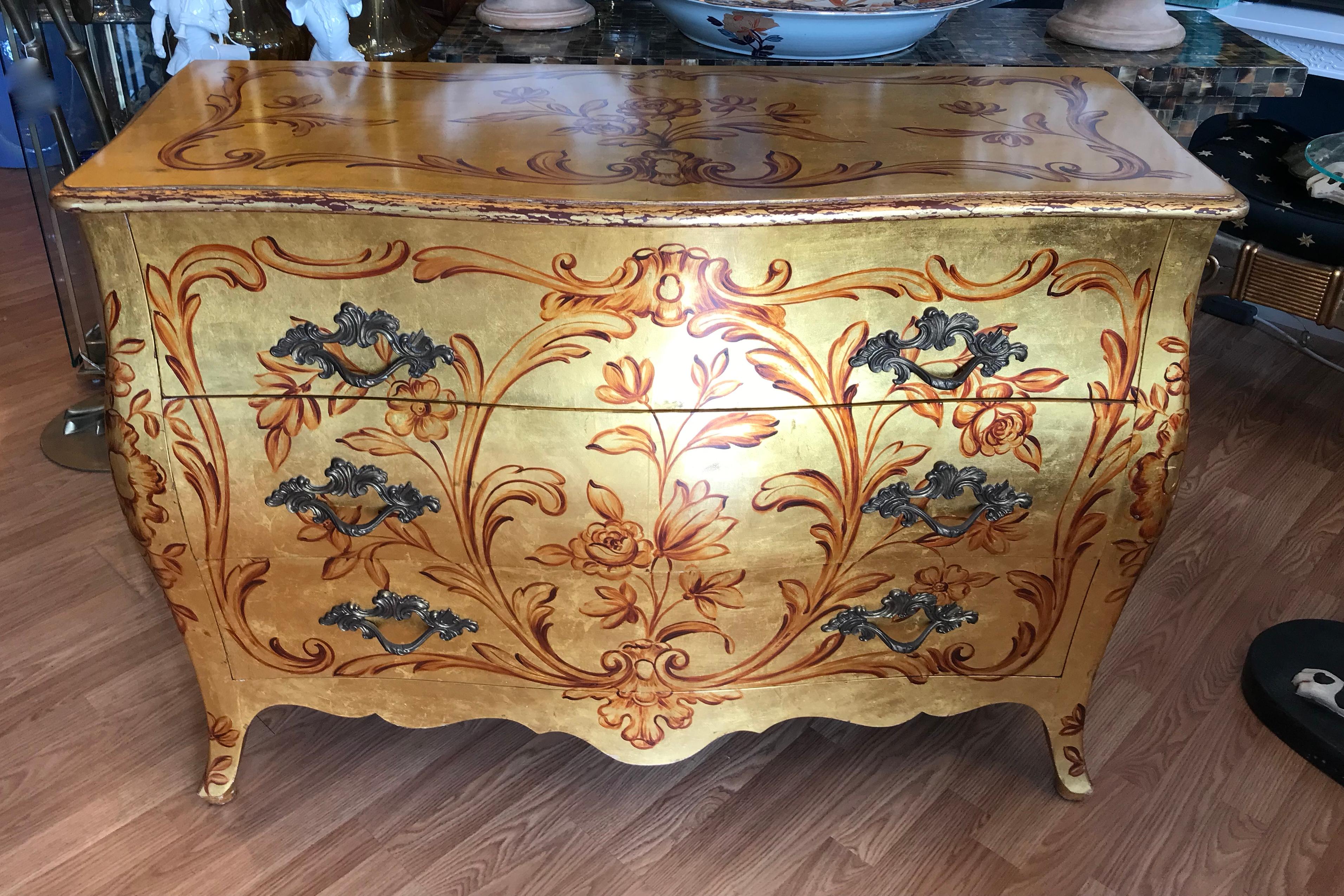 Visually stunning, hand painted and gilded. The 3 drawer chest is generously scaled. Unusual form and proportions, with a removable tray in the top drawer
Made by John Widdicomb Co. Designed by Ralph H. Widdicomb. Grand Rapids.
