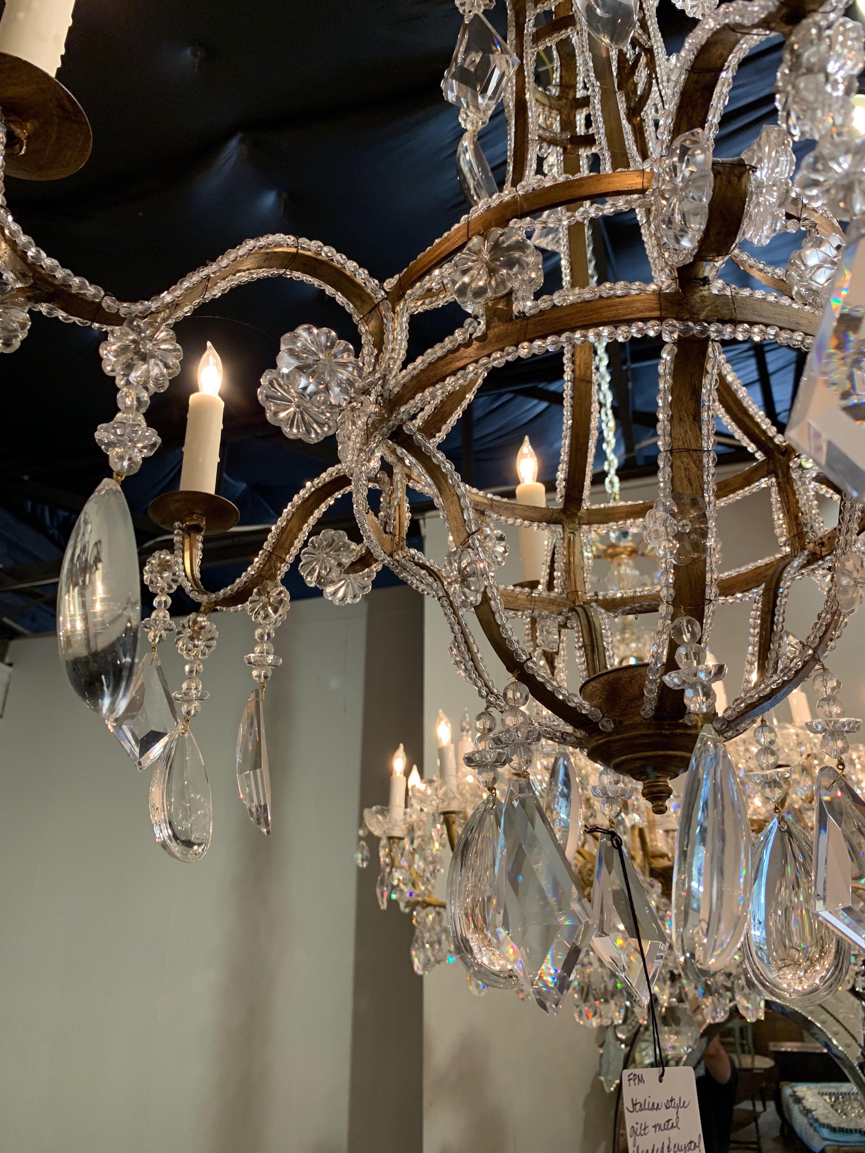 Italian Style Gilt Metal Beaded and Crystal Chandelier In Good Condition In Dallas, TX
