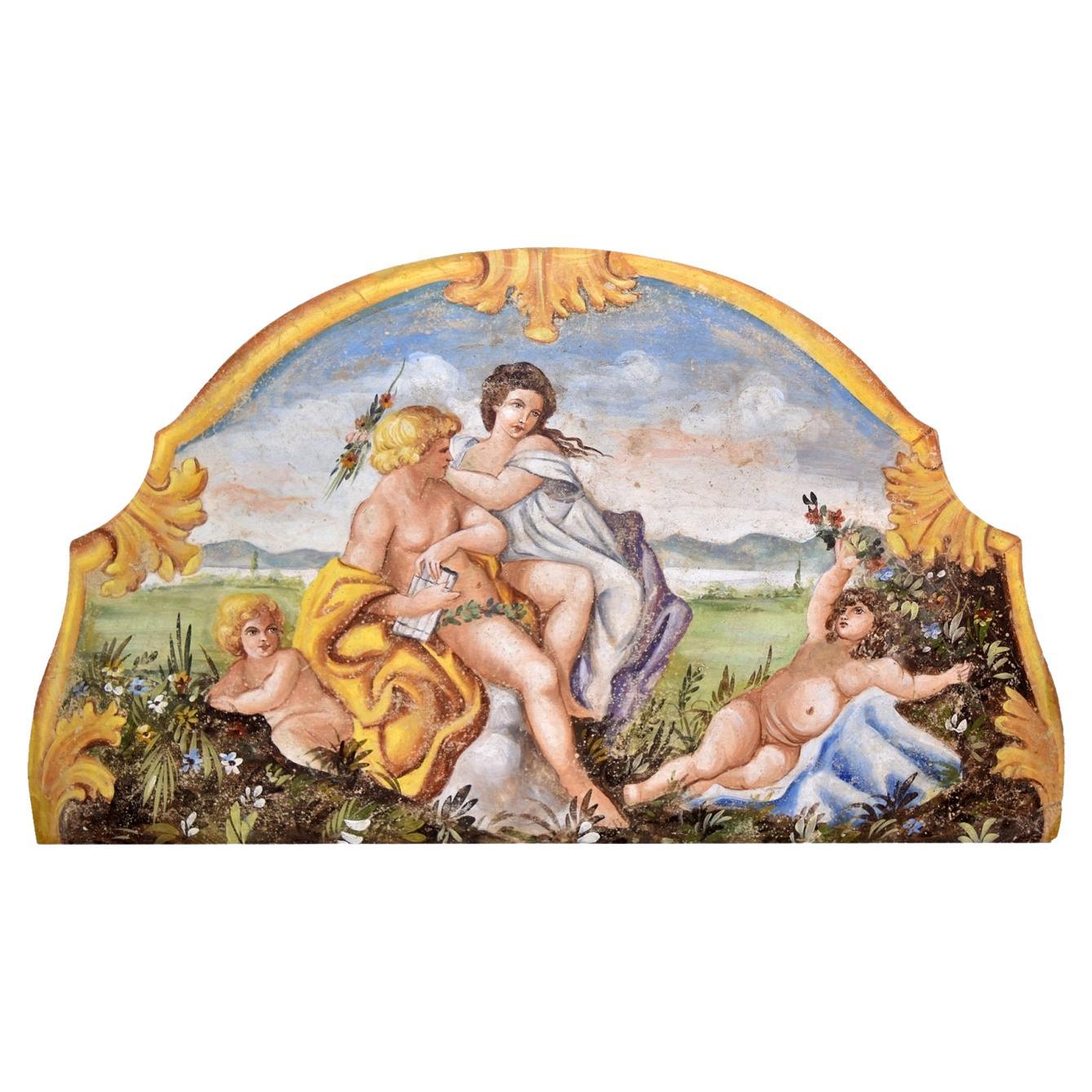 Italian Style Hand-Painted Decorative Painting with Characters and Angels For Sale