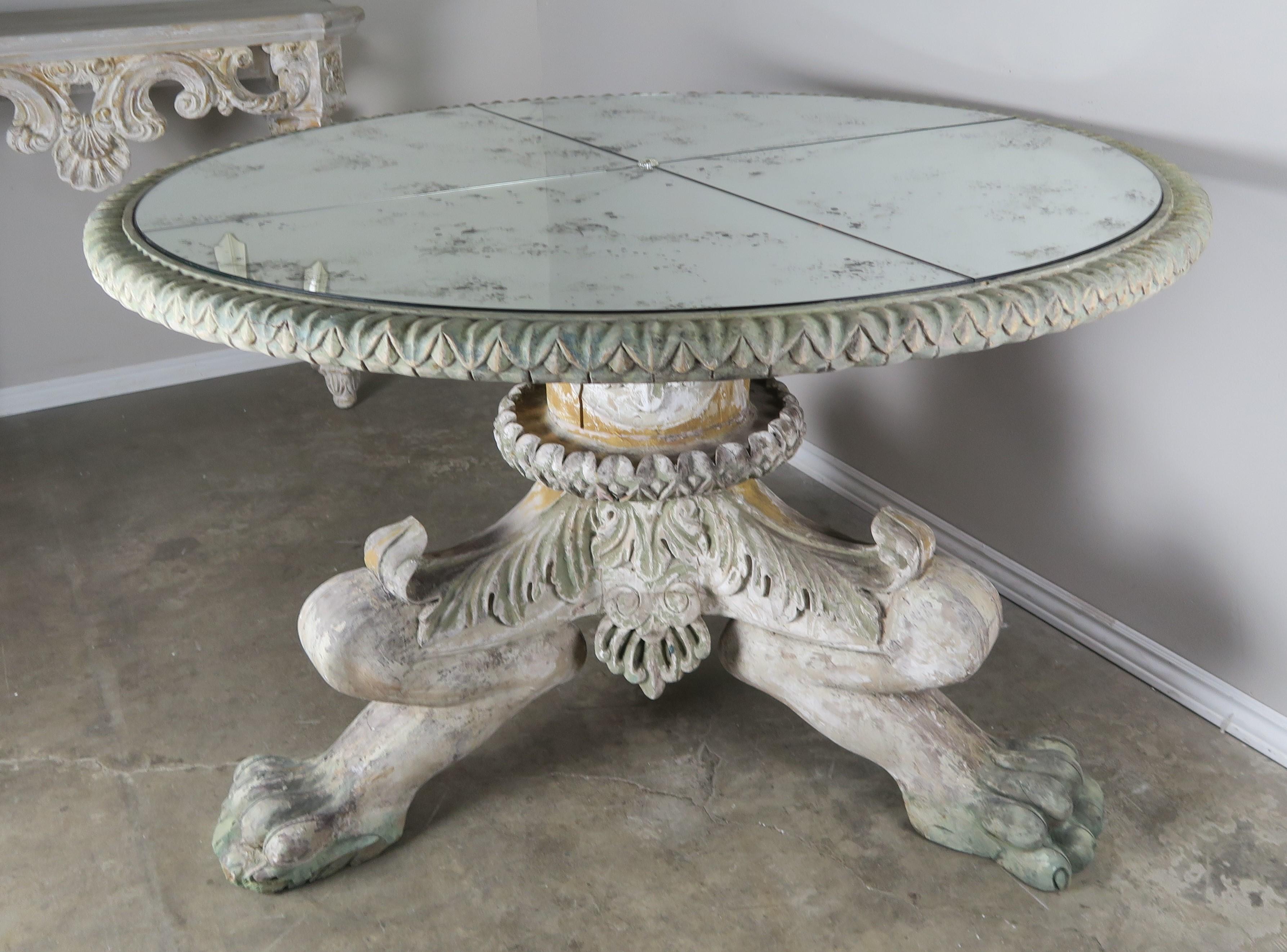 Italian Style Painted Lion Paw Tripod Table with Mirrored Top In Distressed Condition In Los Angeles, CA