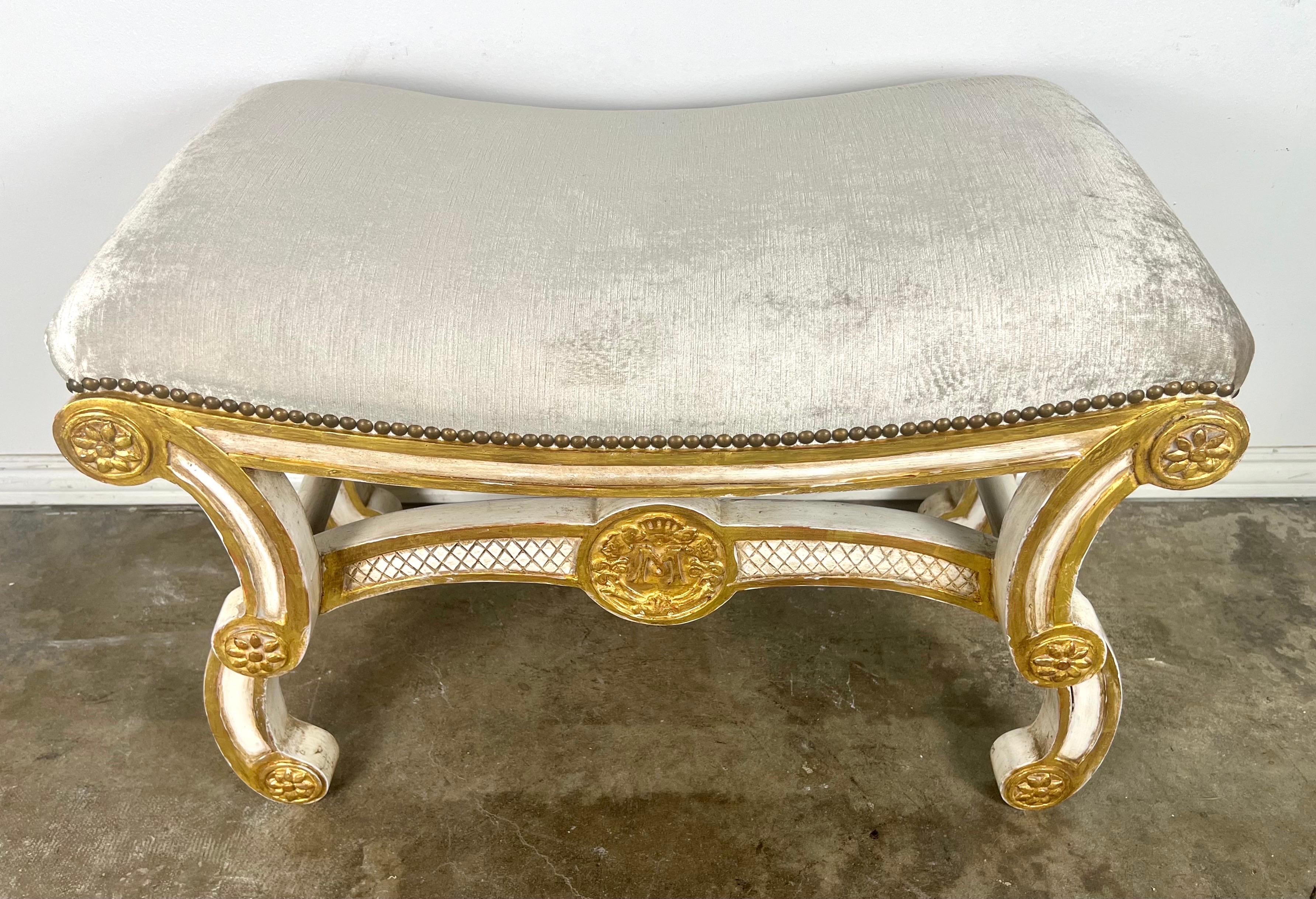 Rococo Italian Style Painted & Parcel Gilt Bench w/ Velvet  For Sale
