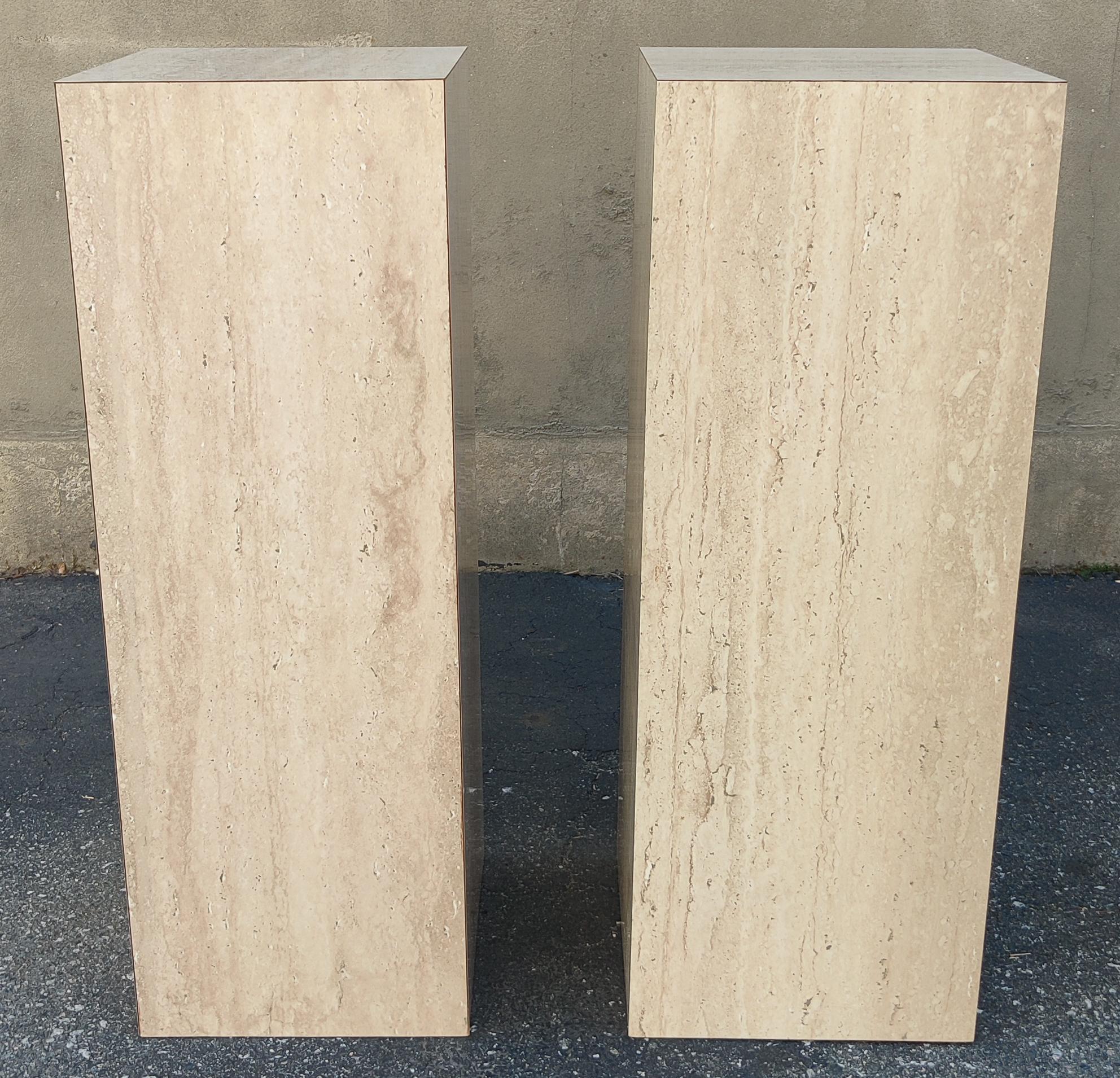 Very good condition, pair of well-made pair of laminate pedestals. 3/4 inch thick plywood wiht travertine style laminate. These feature weighted interior, so each is roughly 70 pounds. Good scale, so highly functional. You will love the styling and