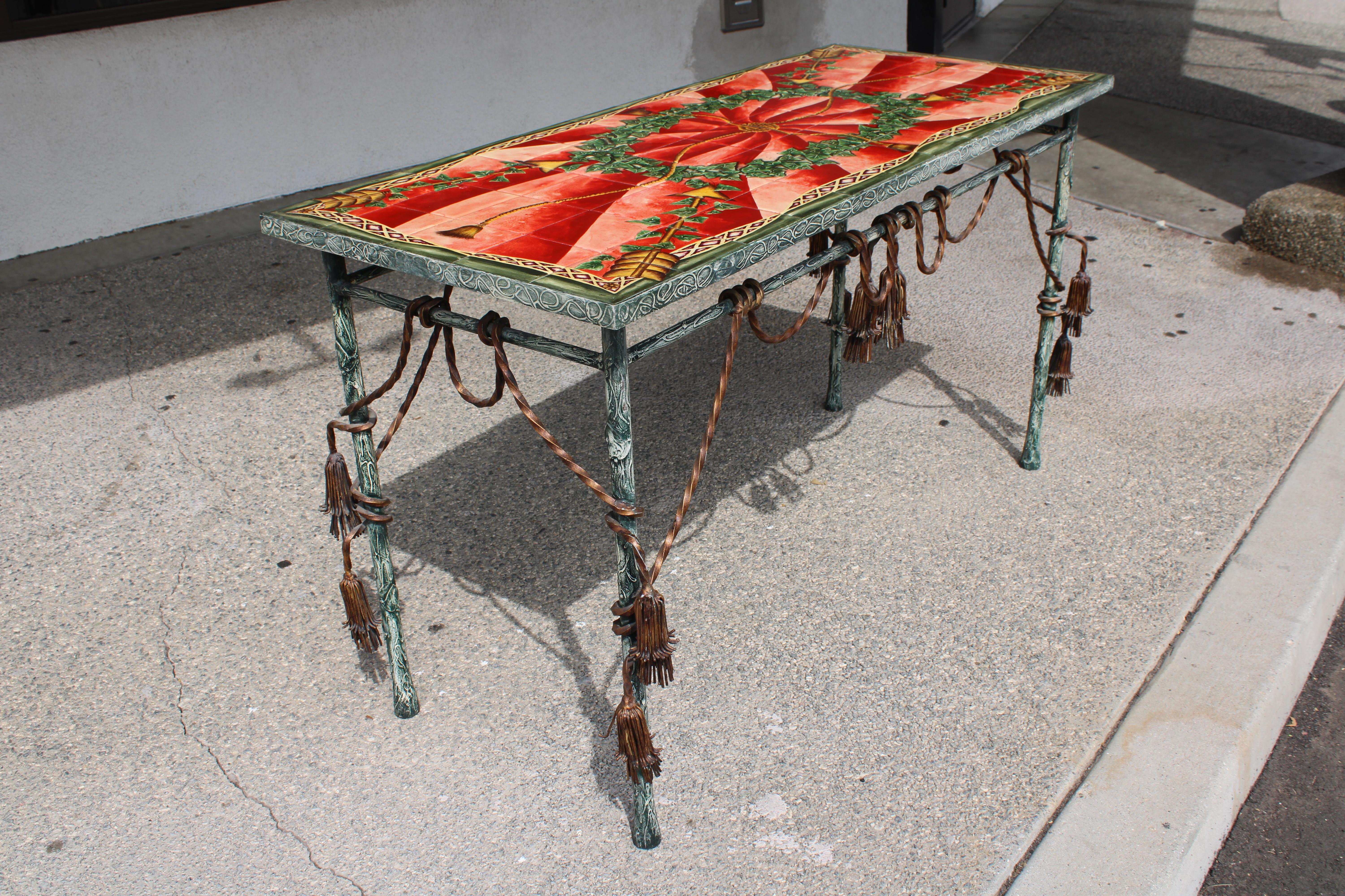 Modern Italian Style Patinated Steel and Polychrome Console Table For Sale