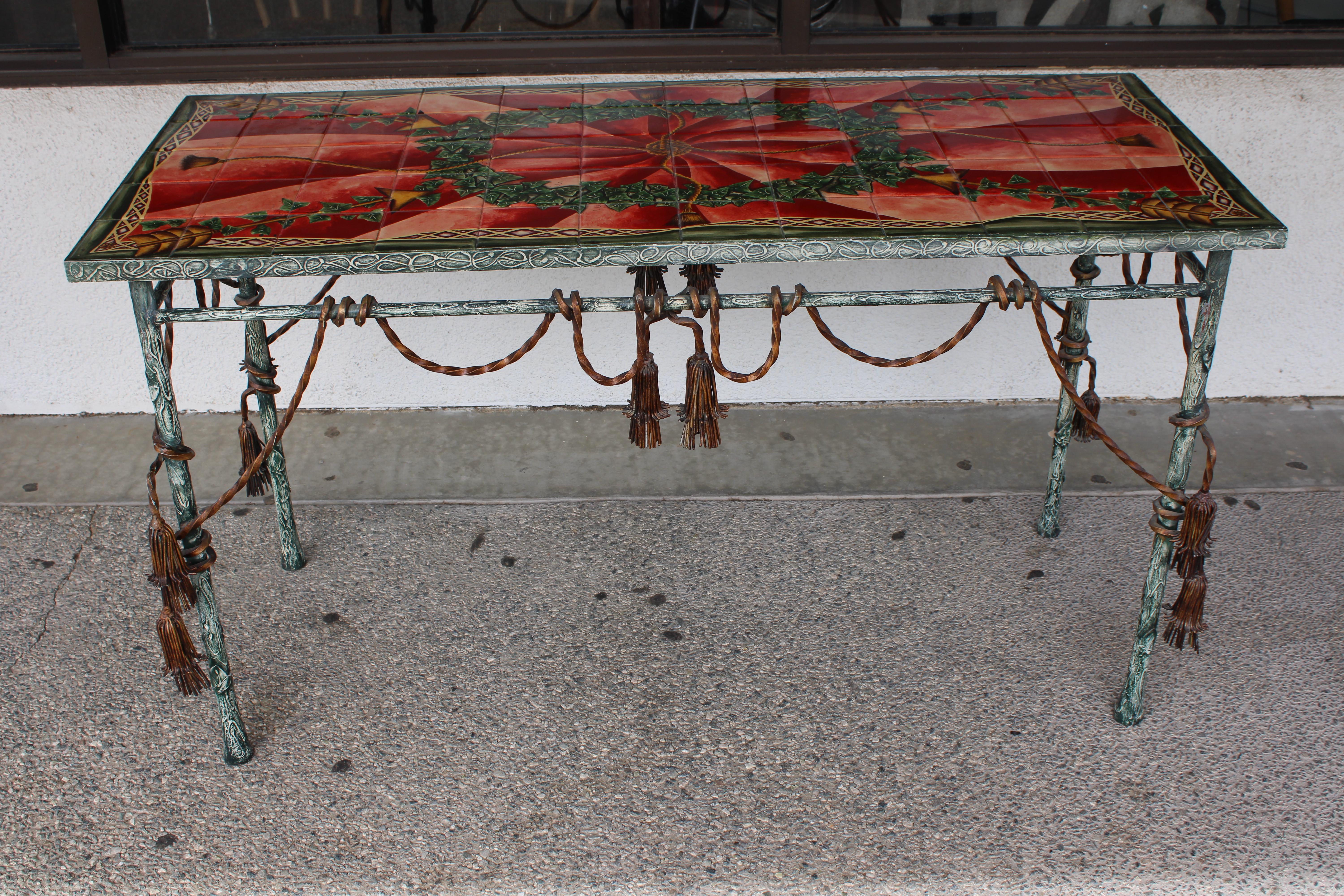 American Italian Style Patinated Steel and Polychrome Console Table For Sale