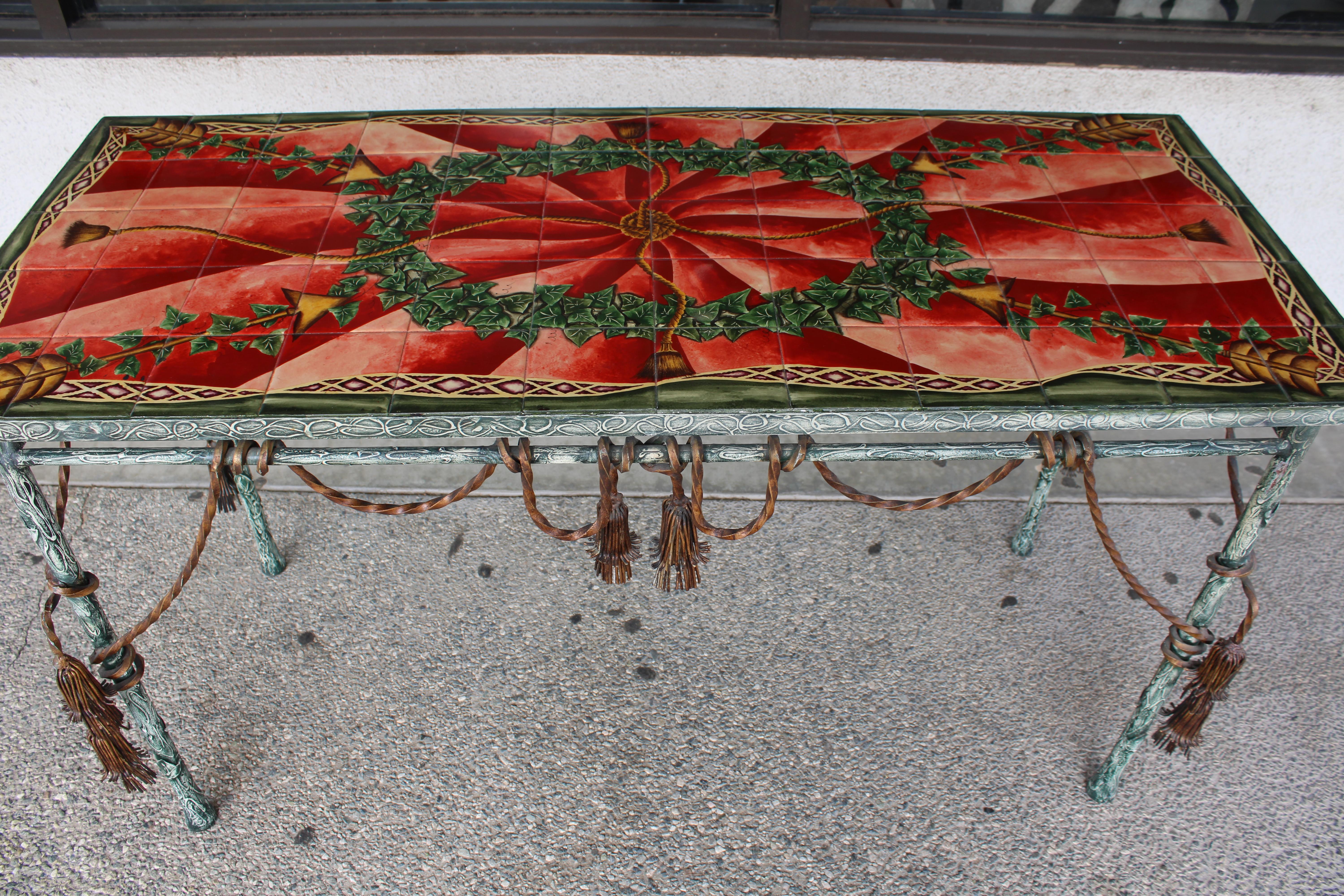 Italian Style Patinated Steel and Polychrome Console Table In Good Condition For Sale In Palm Springs, CA