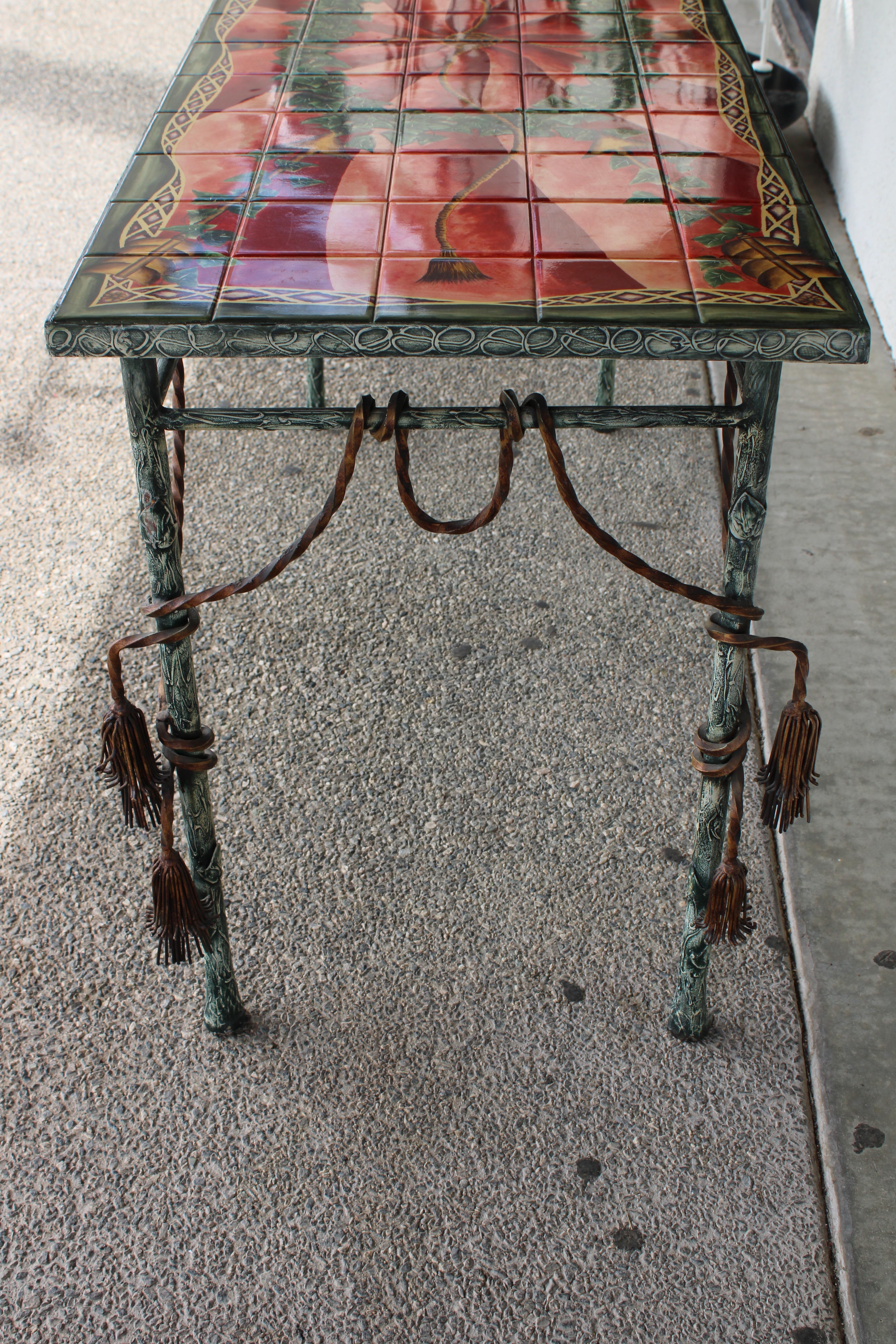 Ceramic Italian Style Patinated Steel and Polychrome Console Table For Sale