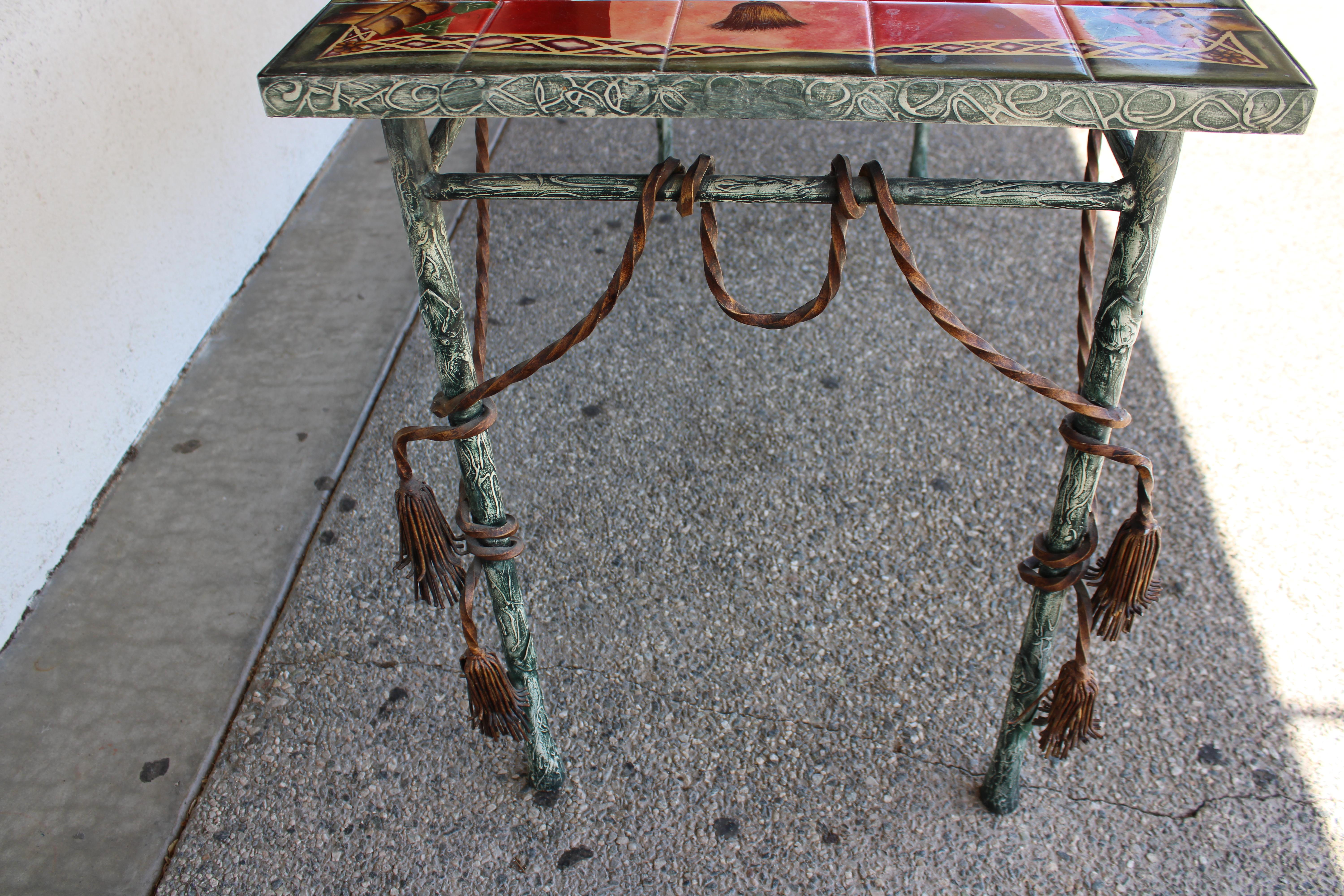 Italian Style Patinated Steel and Polychrome Console Table For Sale 2