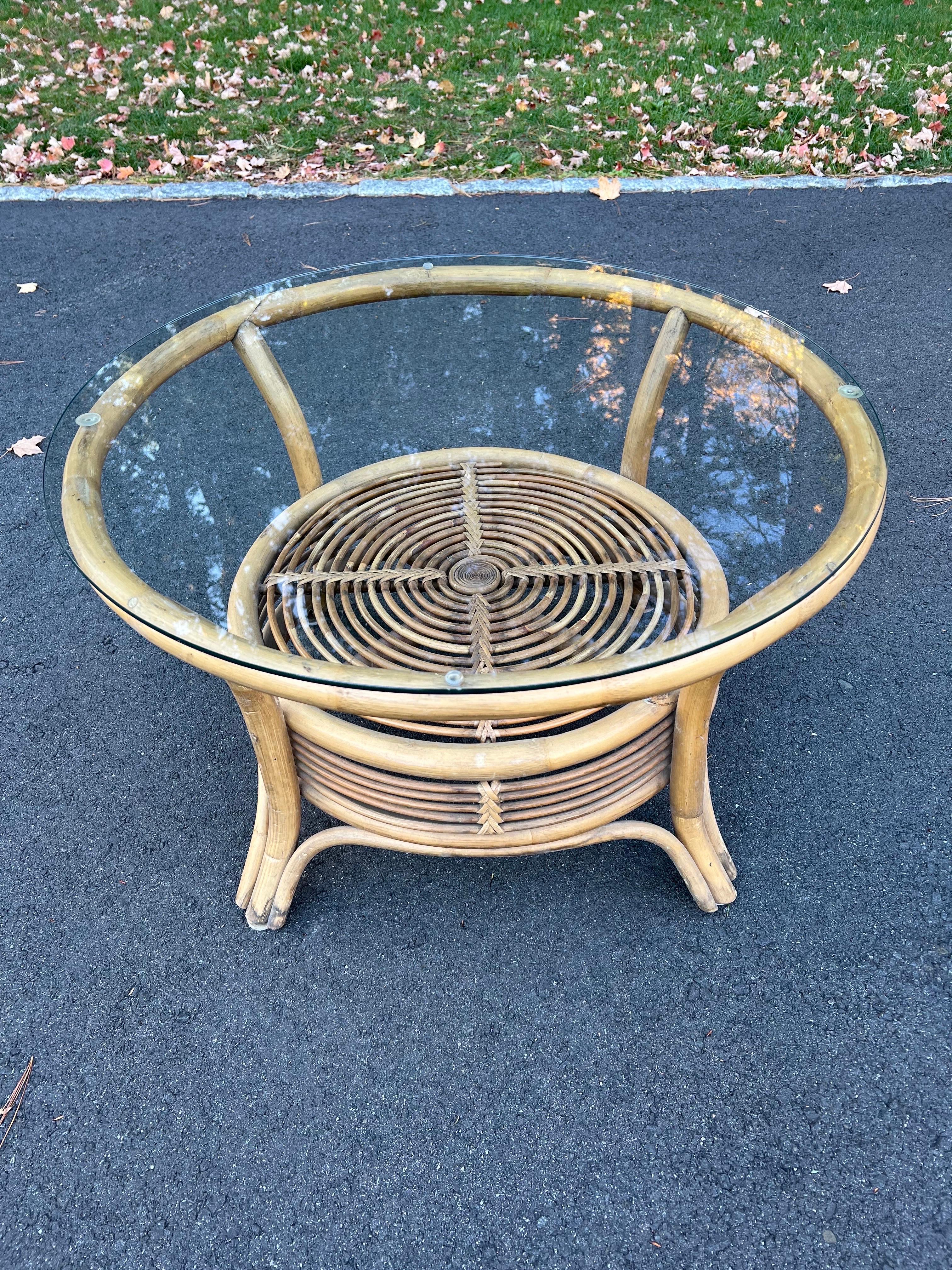 Italian Style Rattan and Bamboo Coffee Table with Glass Top For Sale 2