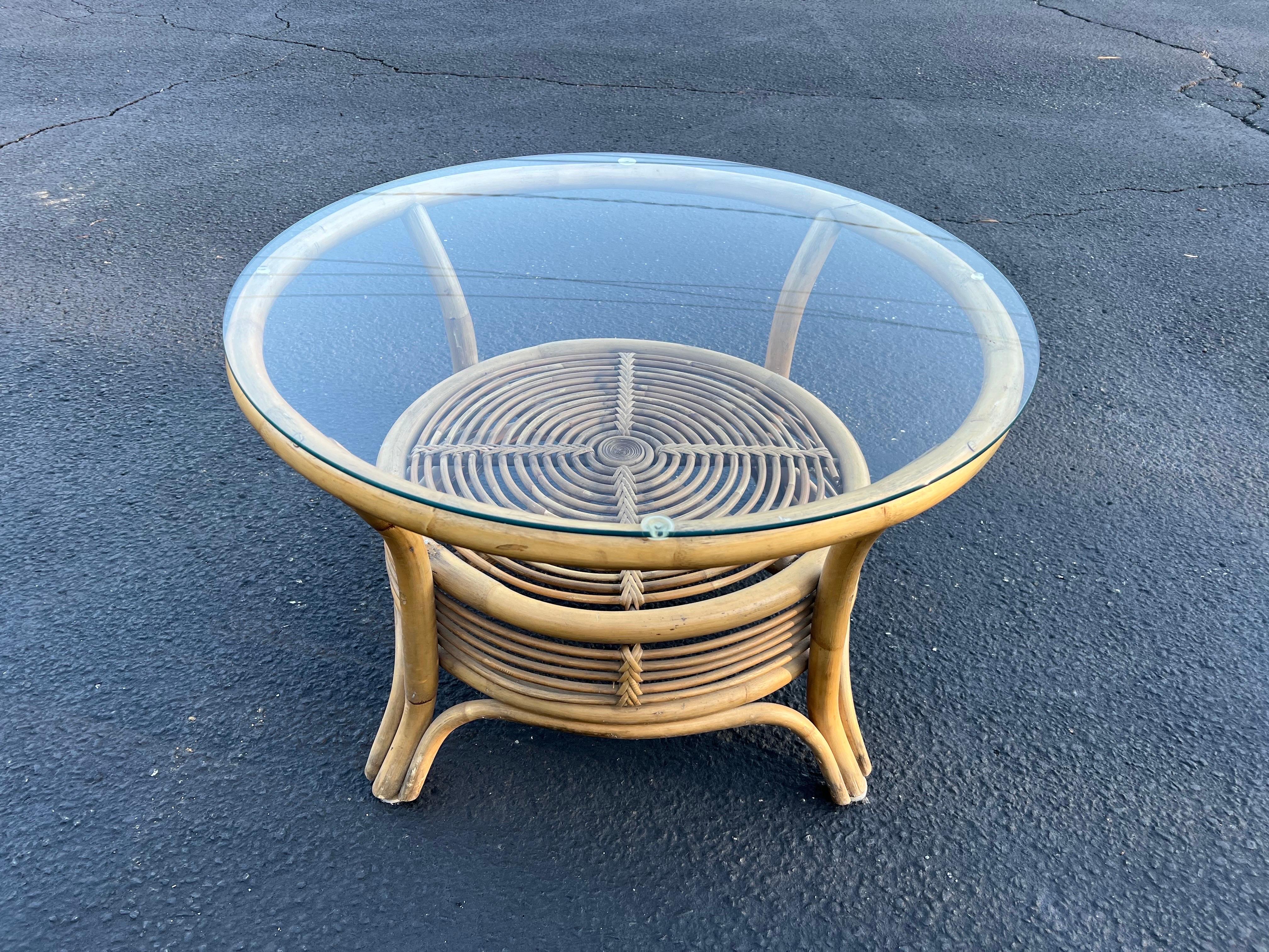 round bamboo table with glass top