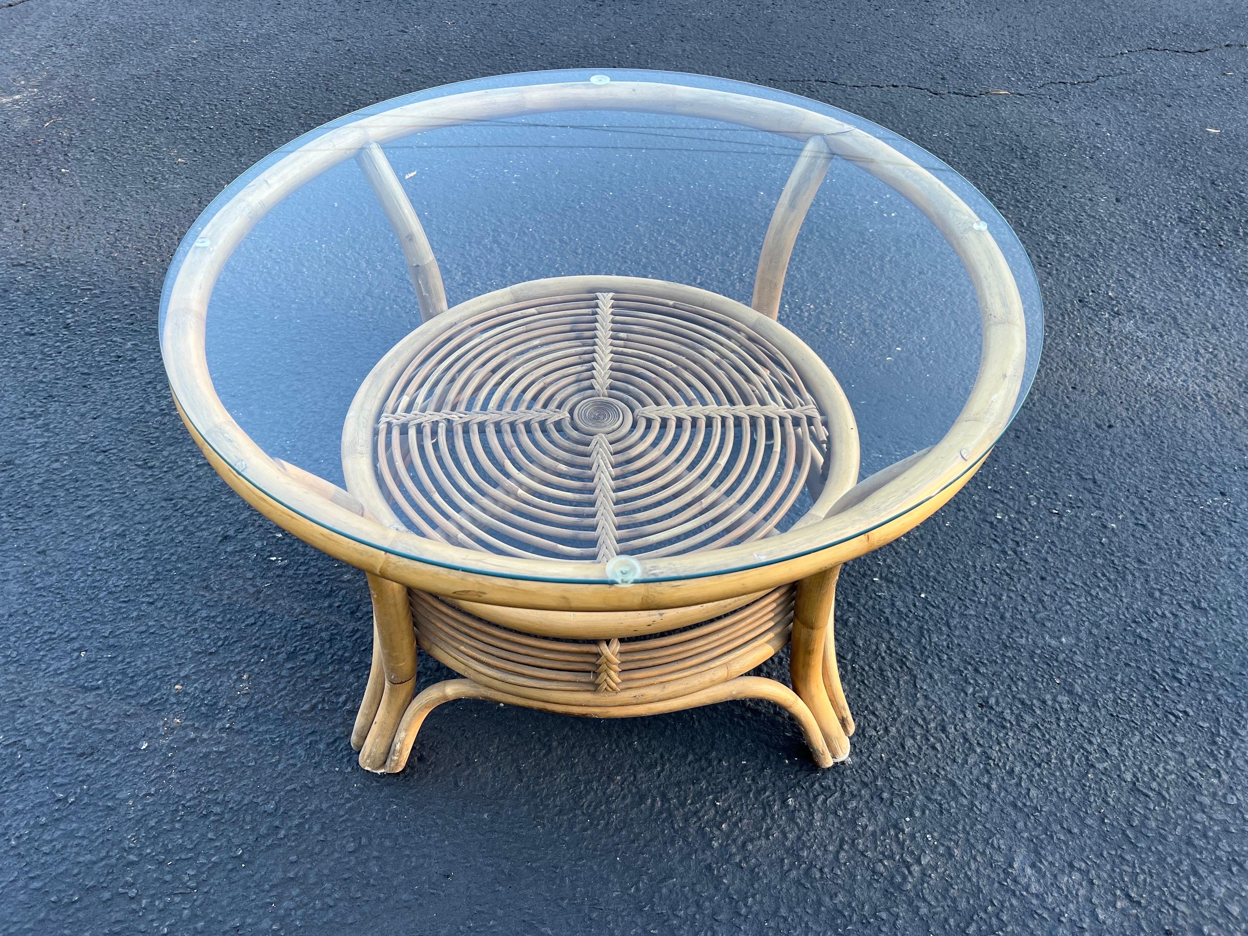 vintage bamboo coffee table with glass top