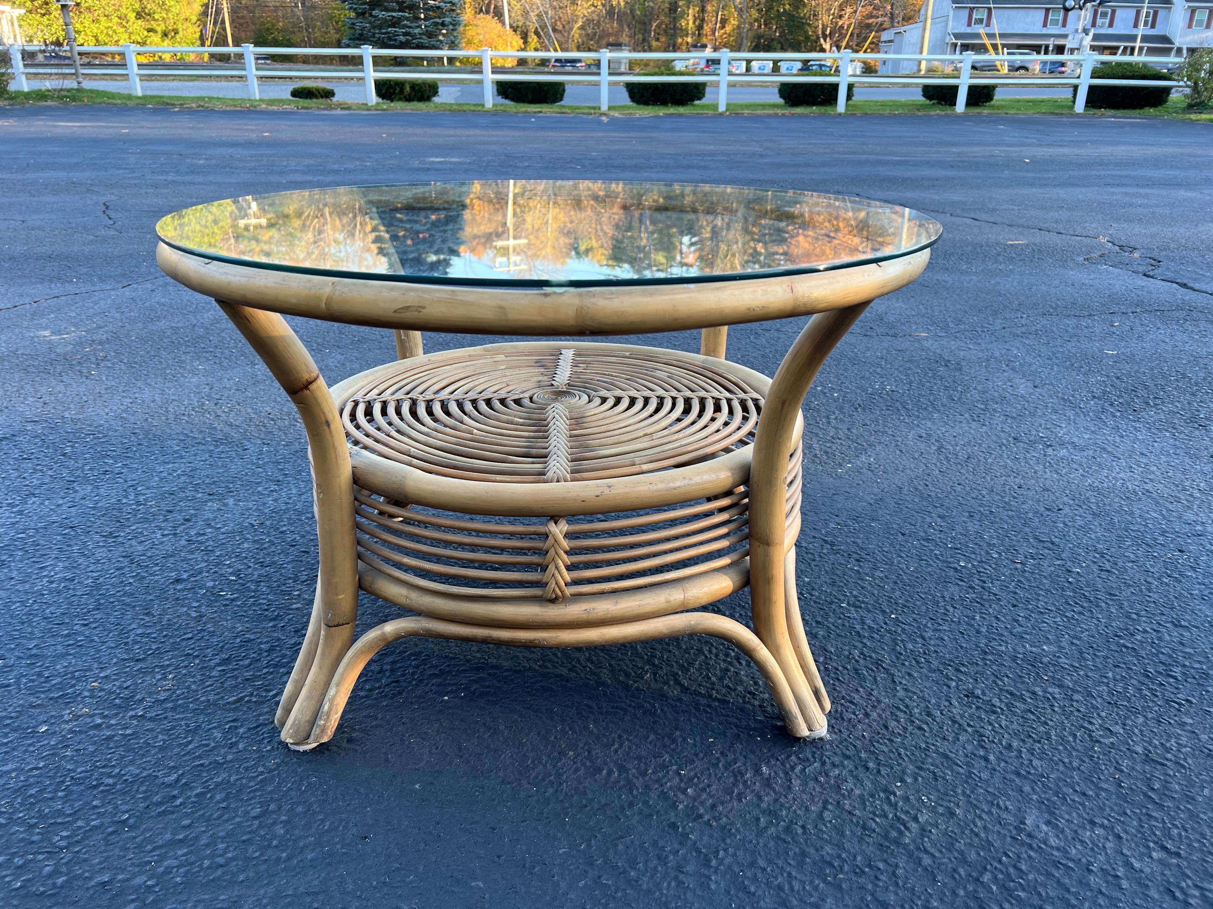 Bohemian Italian Style Rattan and Bamboo Coffee Table with Glass Top For Sale
