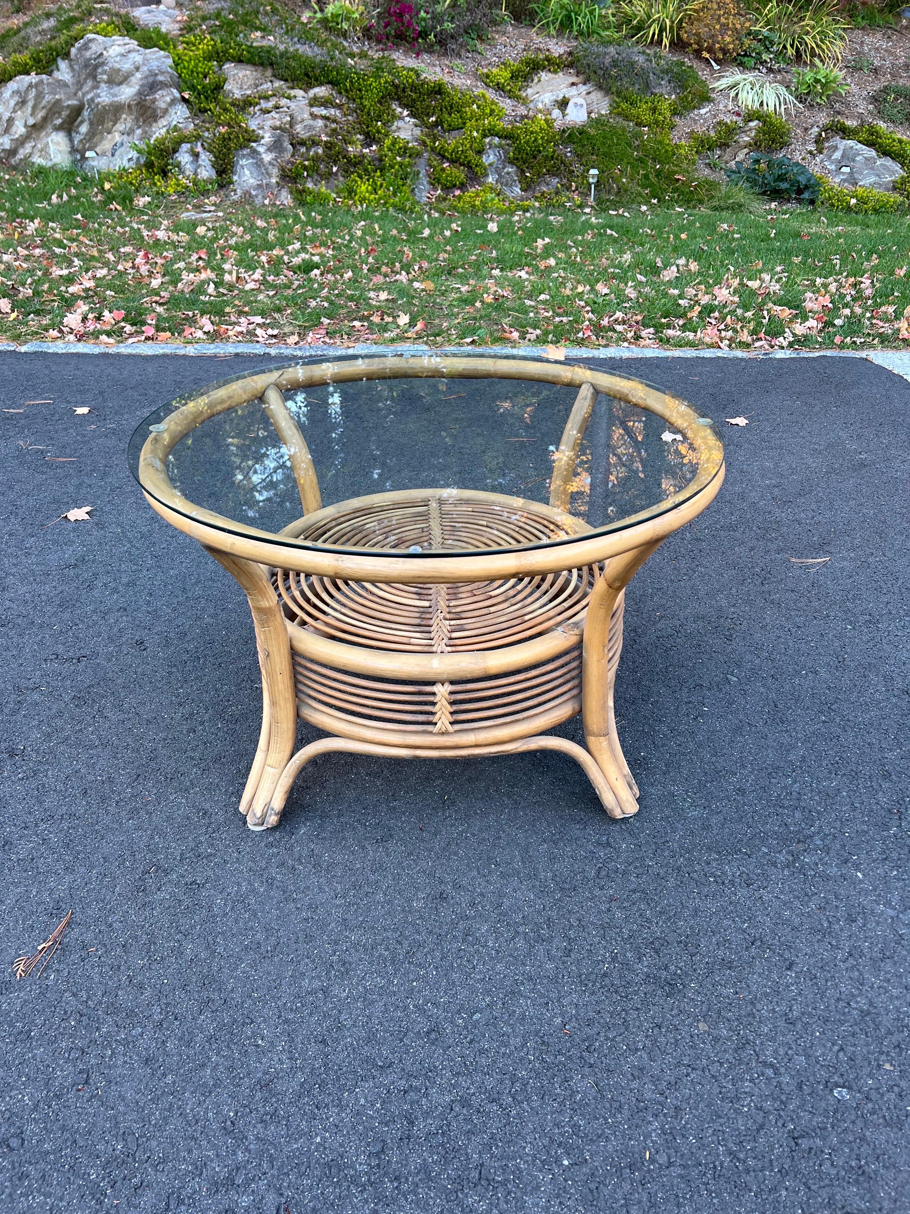 Italian Style Rattan and Bamboo Coffee Table with Glass Top For Sale 1