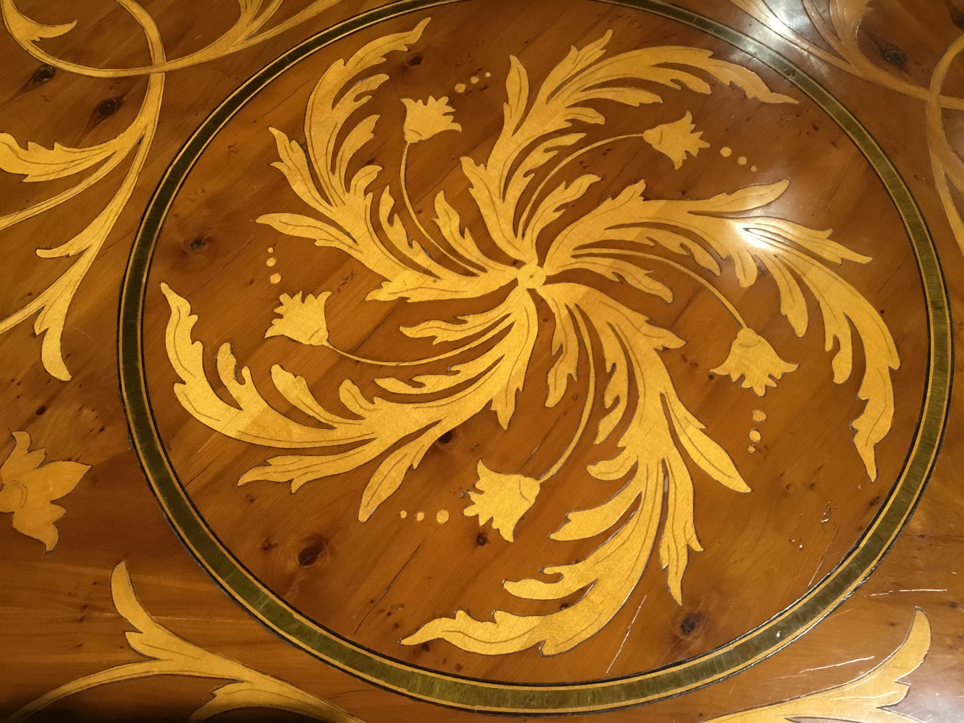 Marquetry Italian Style Round Center Table, Cherrywood with Satinwood Inlays