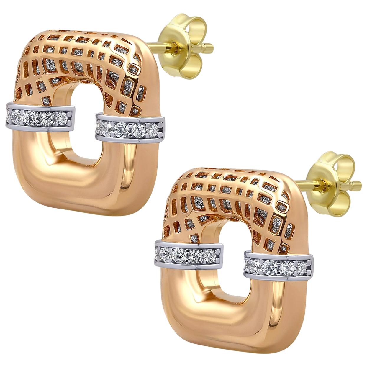 Italian Style Three Color of Gold 14 Karat Stud Earrings Made in Italy For Sale