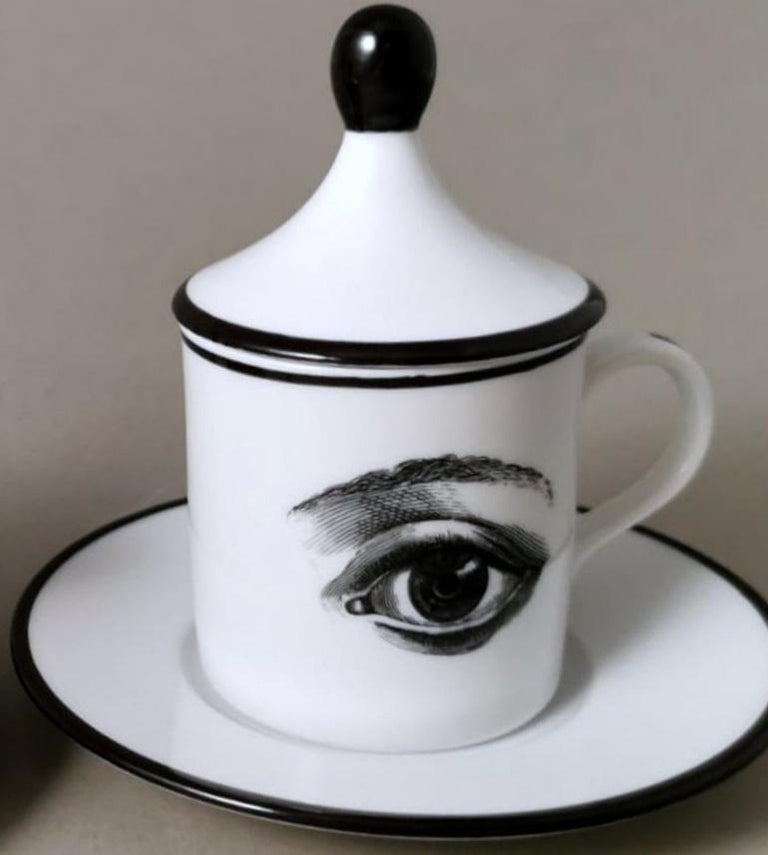 Italian Style White Porcelain "Espresso" Cups with Black Transferware