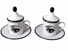 Italian Style White Porcelain "Espresso" Cups with Black Transferware Decoration