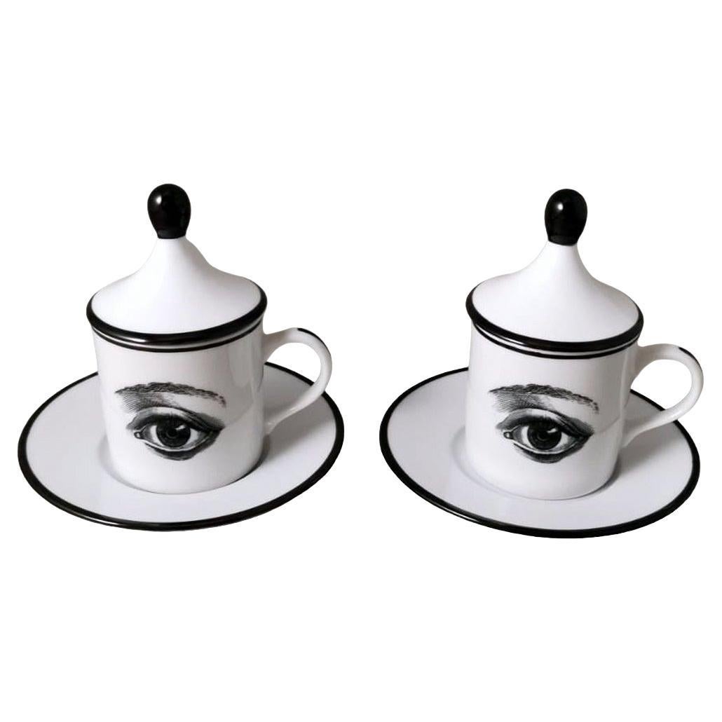 Italian Style White Porcelain "Espresso" Cups with Black Transferware Decoration For Sale