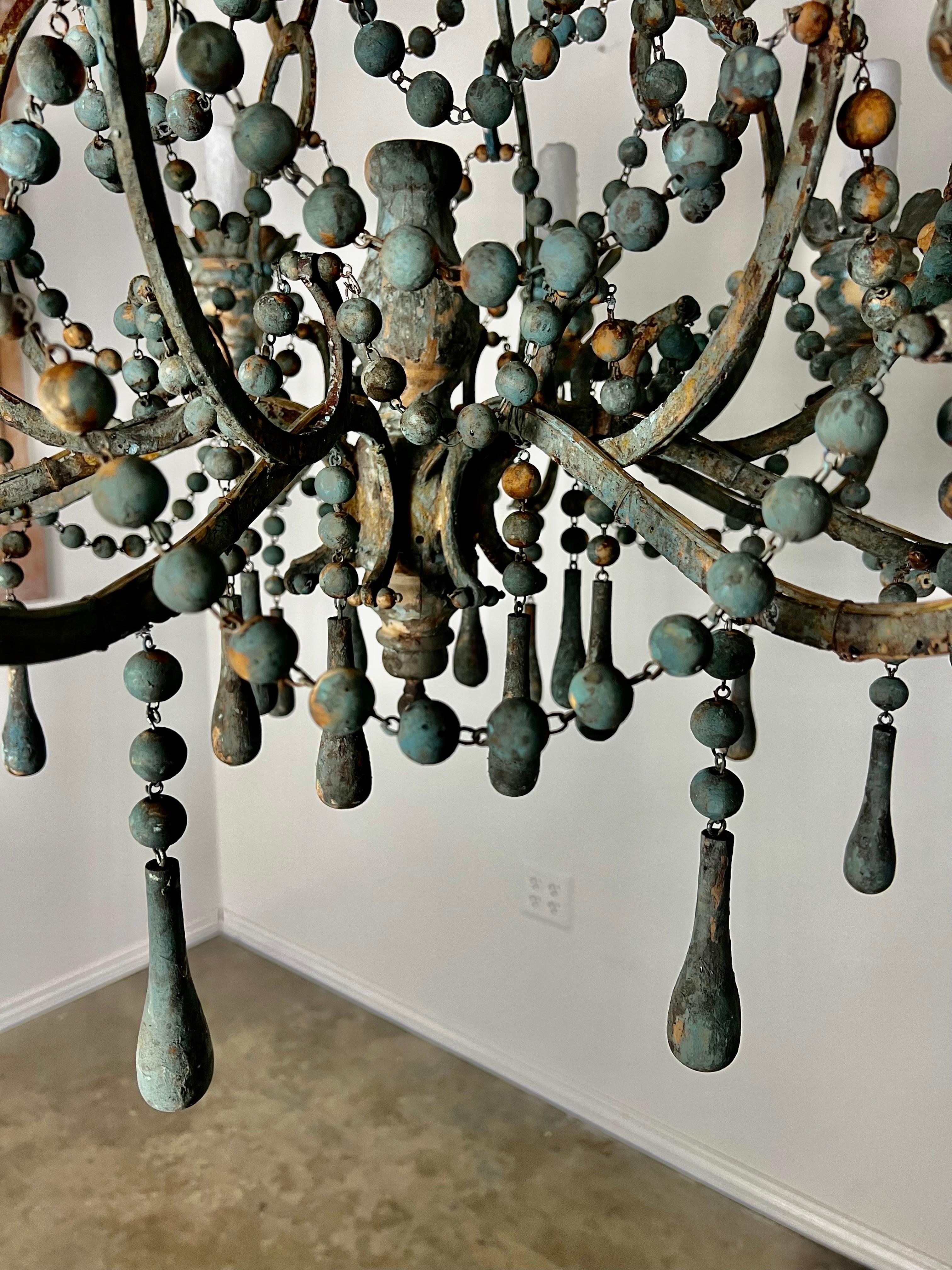 Italian Style Wood and Iron Chandelier with Wood Drops For Sale 5