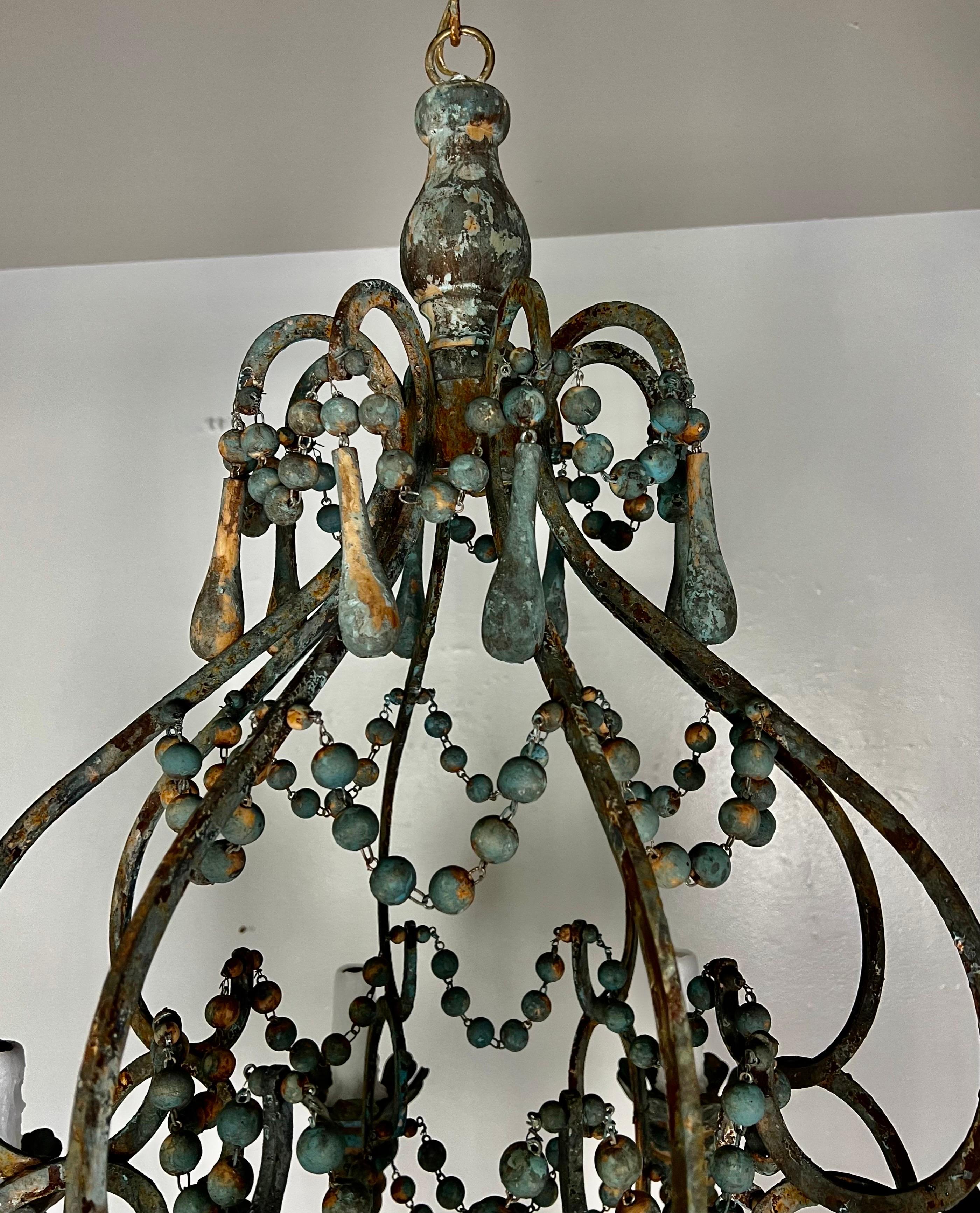 Italian Style Wood and Iron Chandelier with Wood Drops For Sale 6