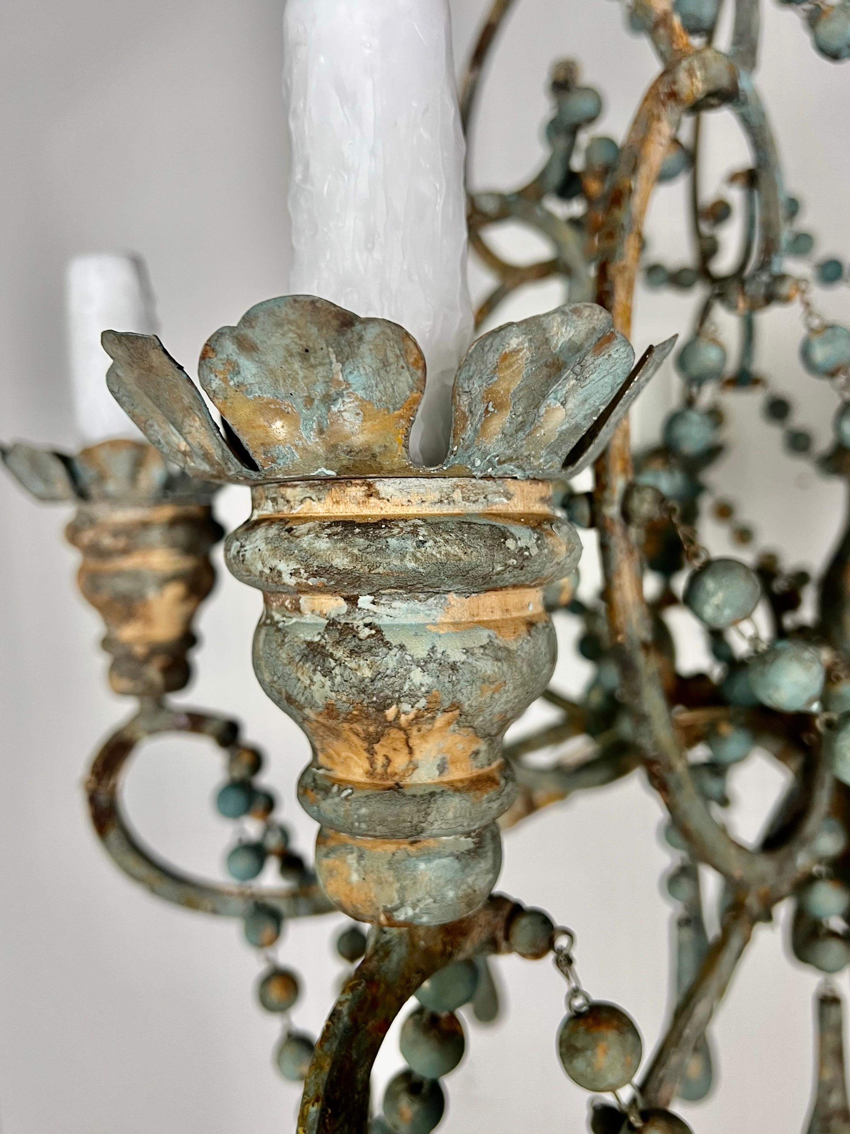 20th Century Italian Style Wood and Iron Chandelier with Wood Drops For Sale