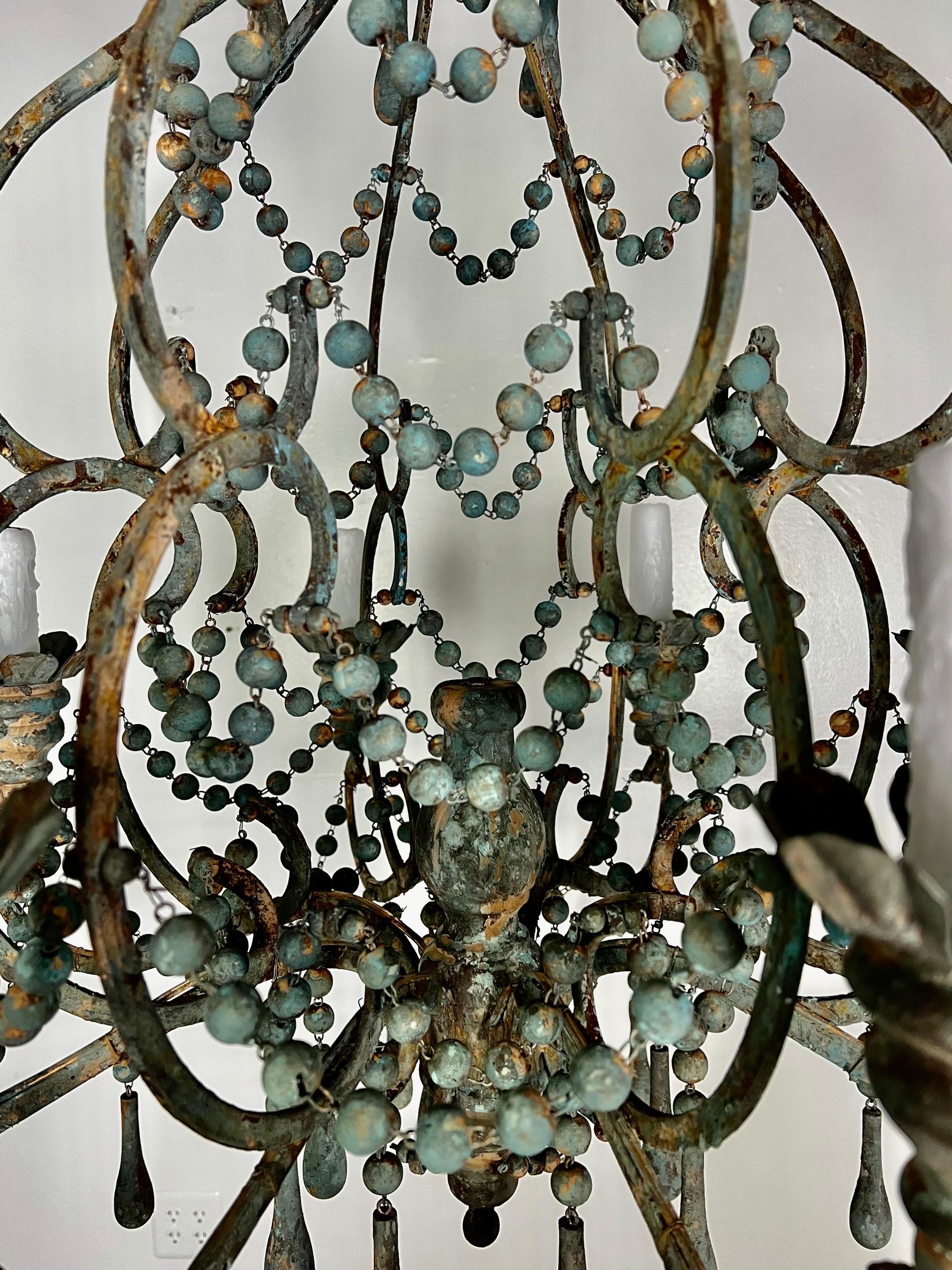 Paint Italian Style Wood and Iron Chandelier with Wood Drops For Sale