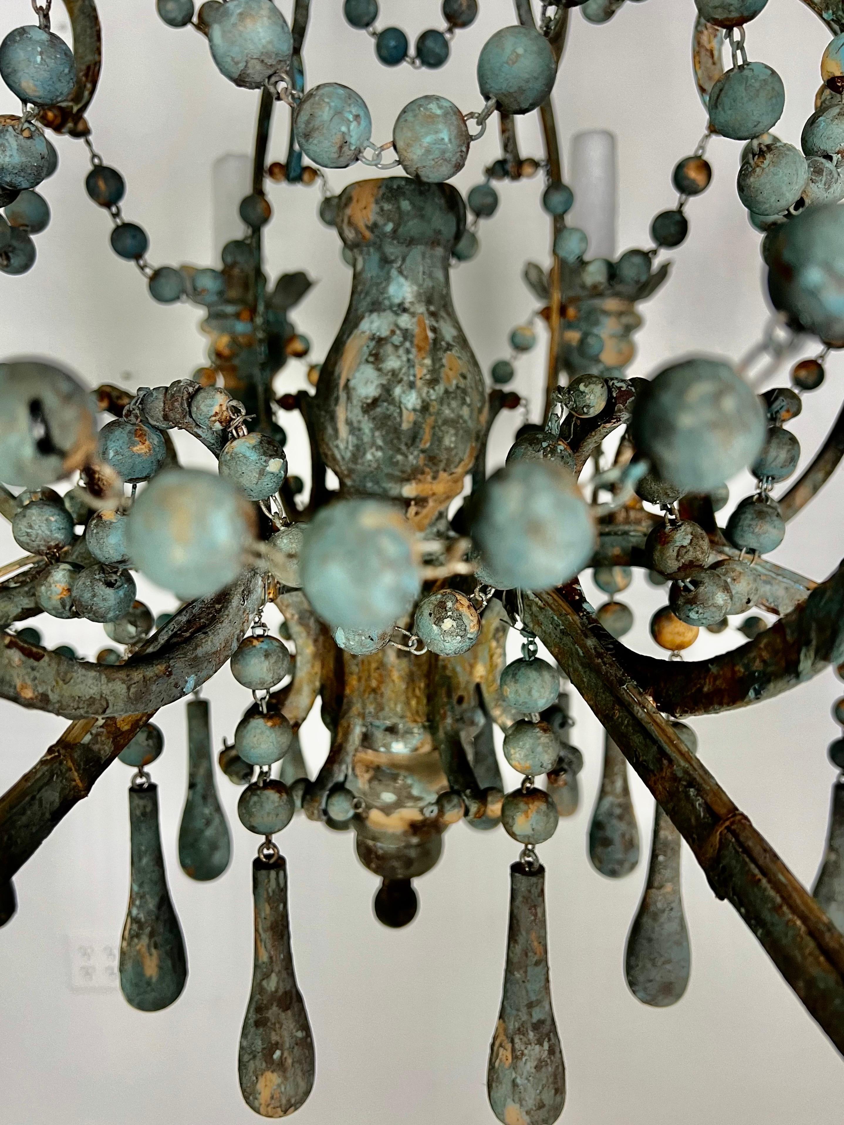 Italian Style Wood and Iron Chandelier with Wood Drops For Sale 1