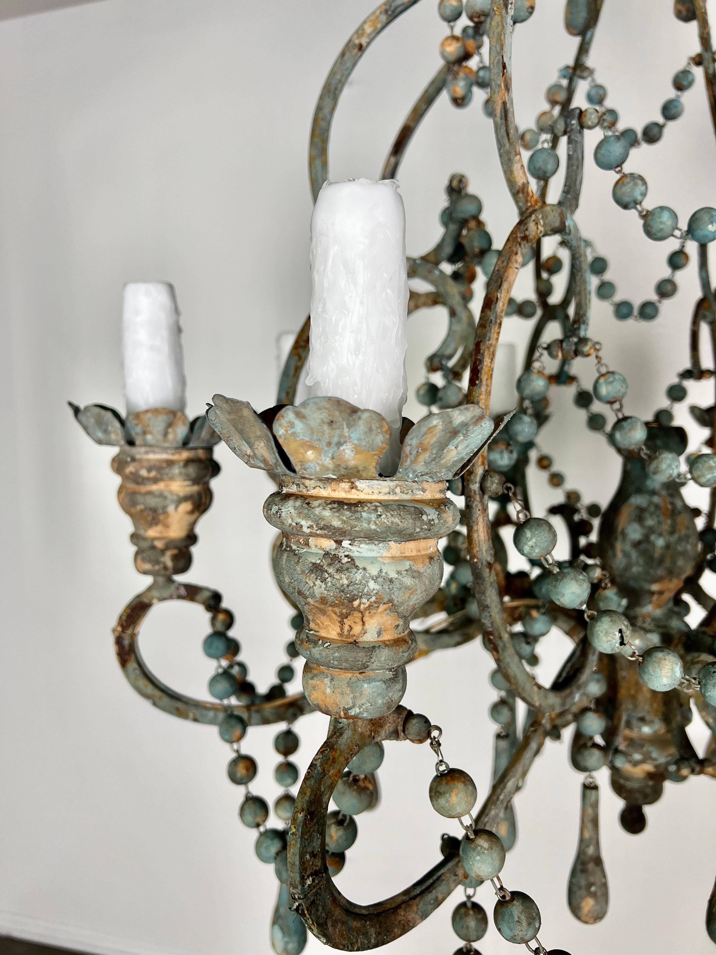 Italian Style Wood and Iron Chandelier with Wood Drops For Sale 2