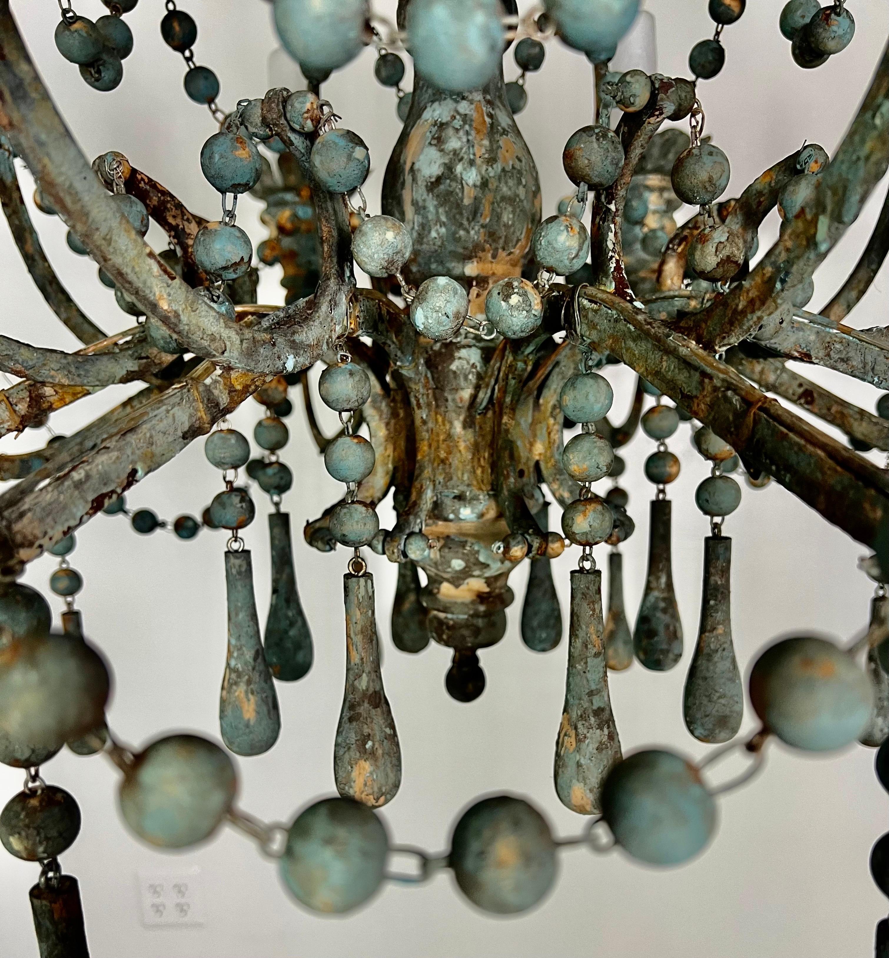 Italian Style Wood and Iron Chandelier with Wood Drops For Sale 3