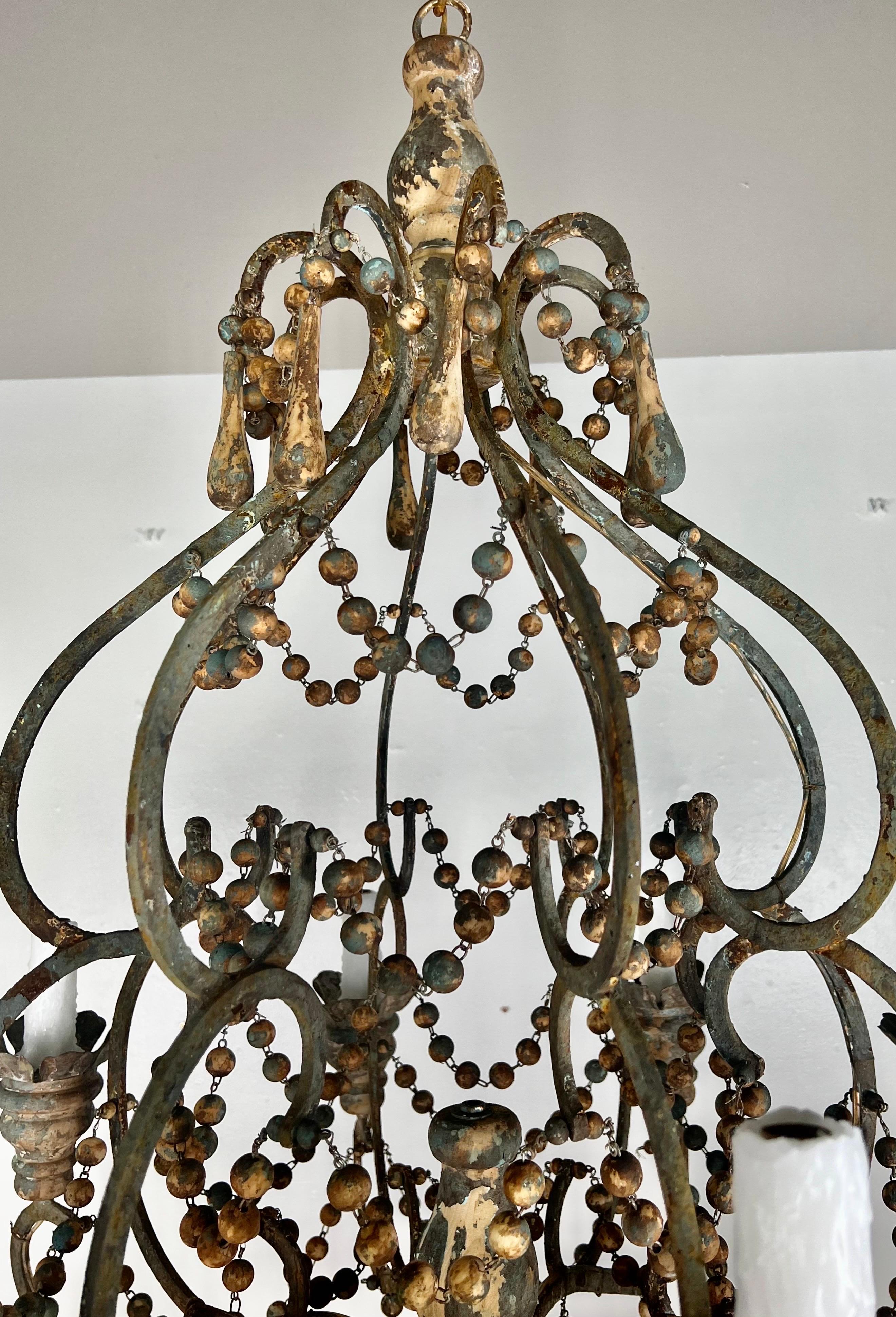 Rococo Amalfi Wood and Iron Chandelier with Wood Drops By Miamar Home For Sale