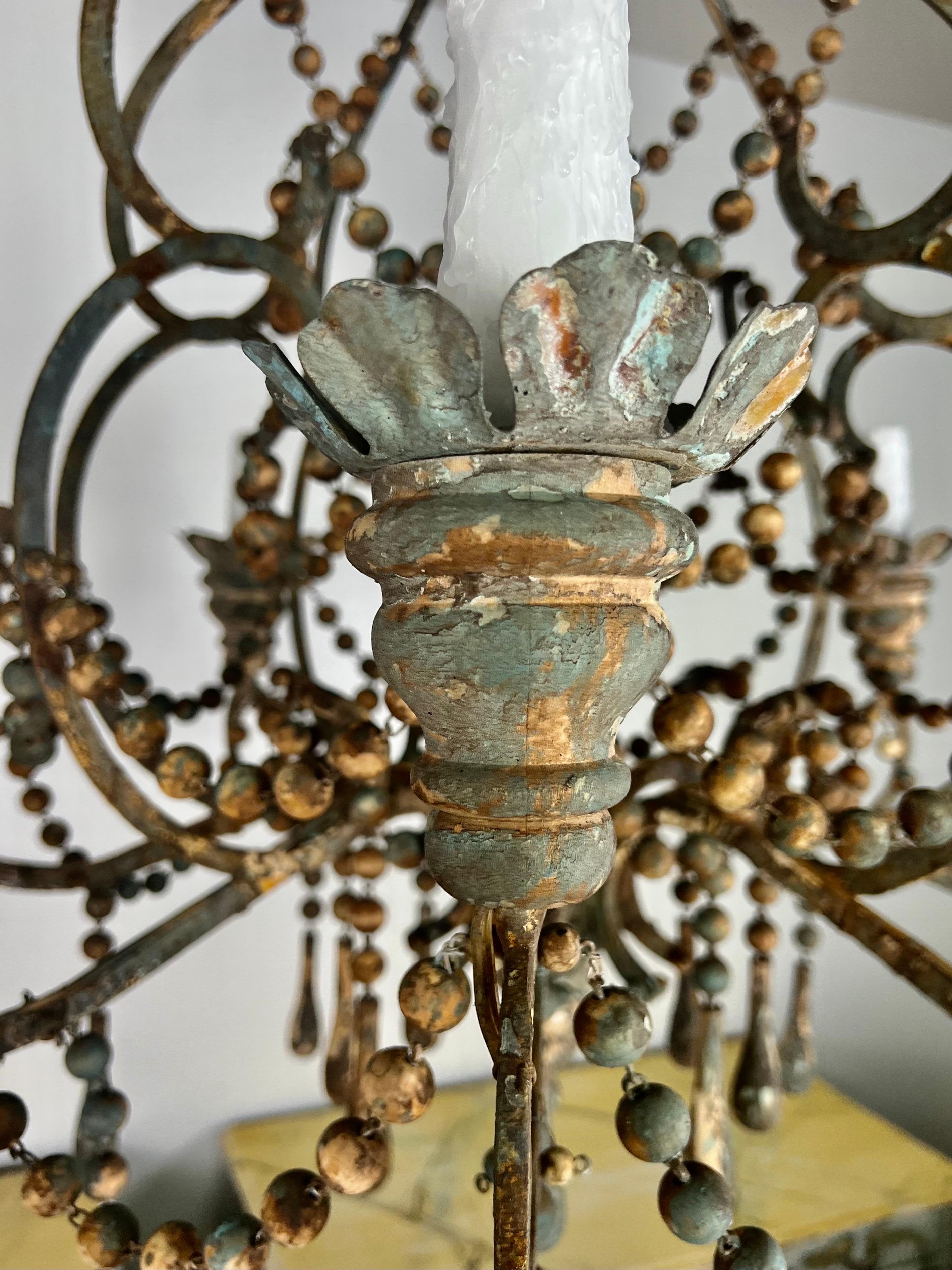 Italian Style Wood & Iron Painted Chandelier by MLA In Distressed Condition In Los Angeles, CA