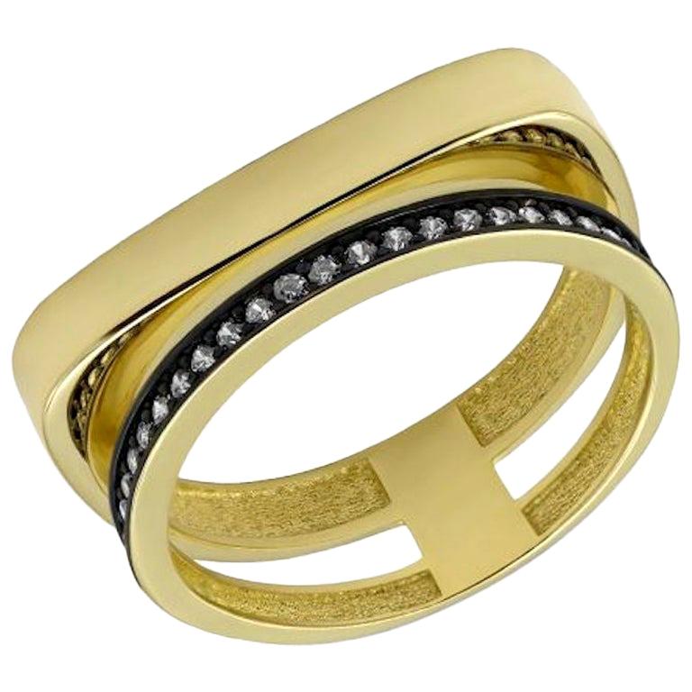 For Sale:  Italian Style Yellow Gold 14 Karat Statement Ring for Her with Black Zirconia