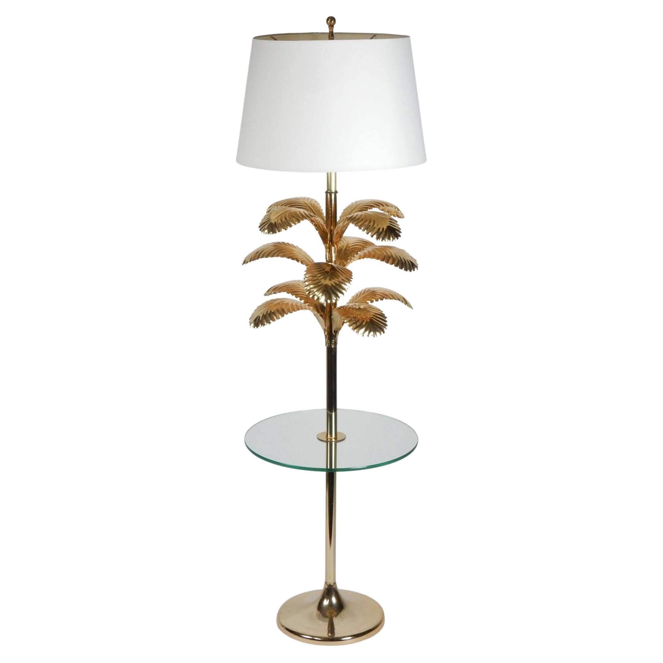 Italian Stylized Brass Palm Leaf Floor Lamp & Table For Sale
