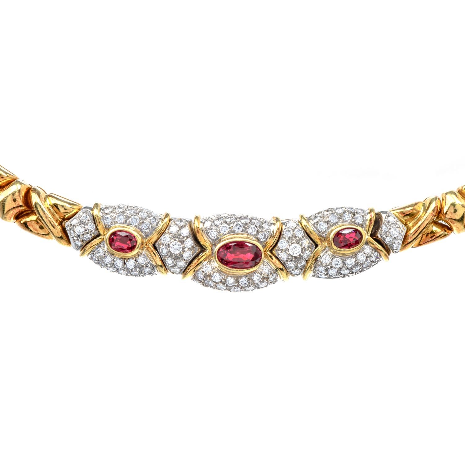 Italienische Suite Diamant-Rubin-Ohrringe aus 18 Karat Gold mit Ringkragen-Halskette, Set im Zustand „Hervorragend“ in Miami, FL