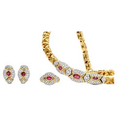 Italian Suite Diamond Ruby 18k Gold Earrings Ring Collar Necklace Set